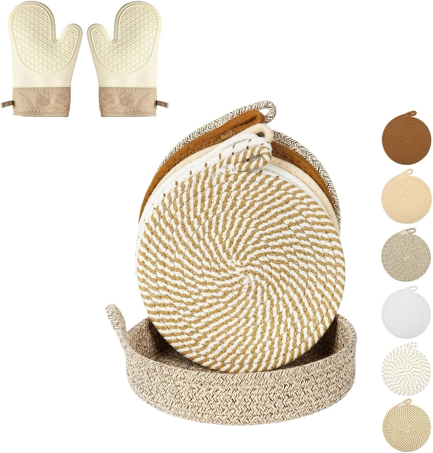 Hot Pads for Quartz Countertops with Storage Basket & Heat-Resistant Gloves 6-Pack 8-Inch Cotton Trivets for Hot Dishes & Pots, Machine Washable Farmhouse Kitchen Decor (C)