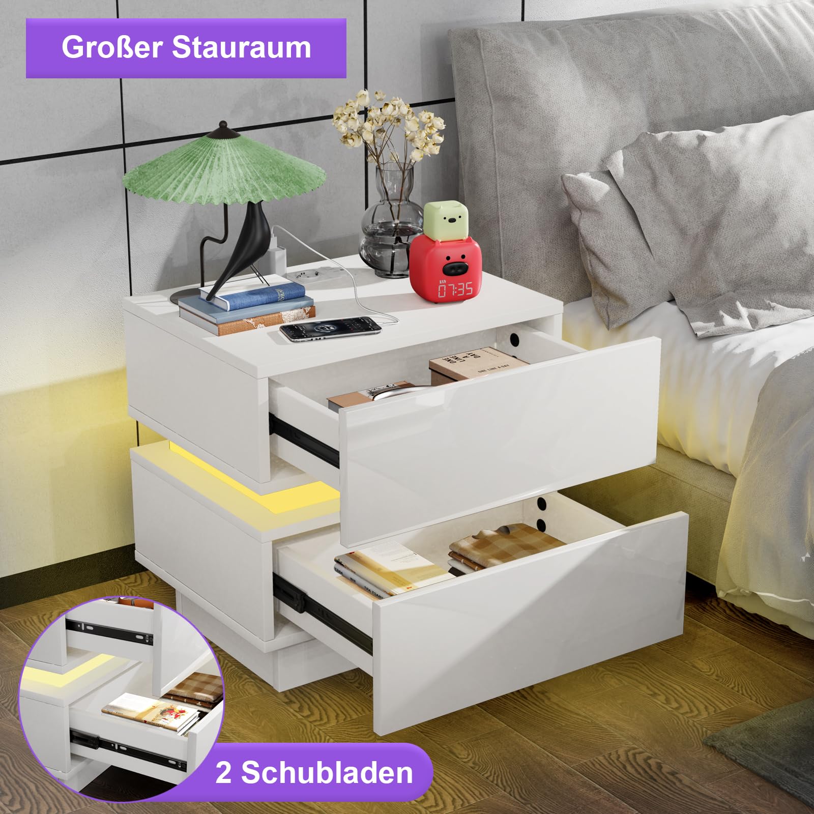Nachttisch led Weiß, Nachttisch mit Steckdose, Nachtschrank mit 2 Schubladen, Beistelltisch mit Verstellbarer LED Beleuchtung, Nachtkommode,für Schlafzimmer, Wohnzimmer 45x35x46cm
