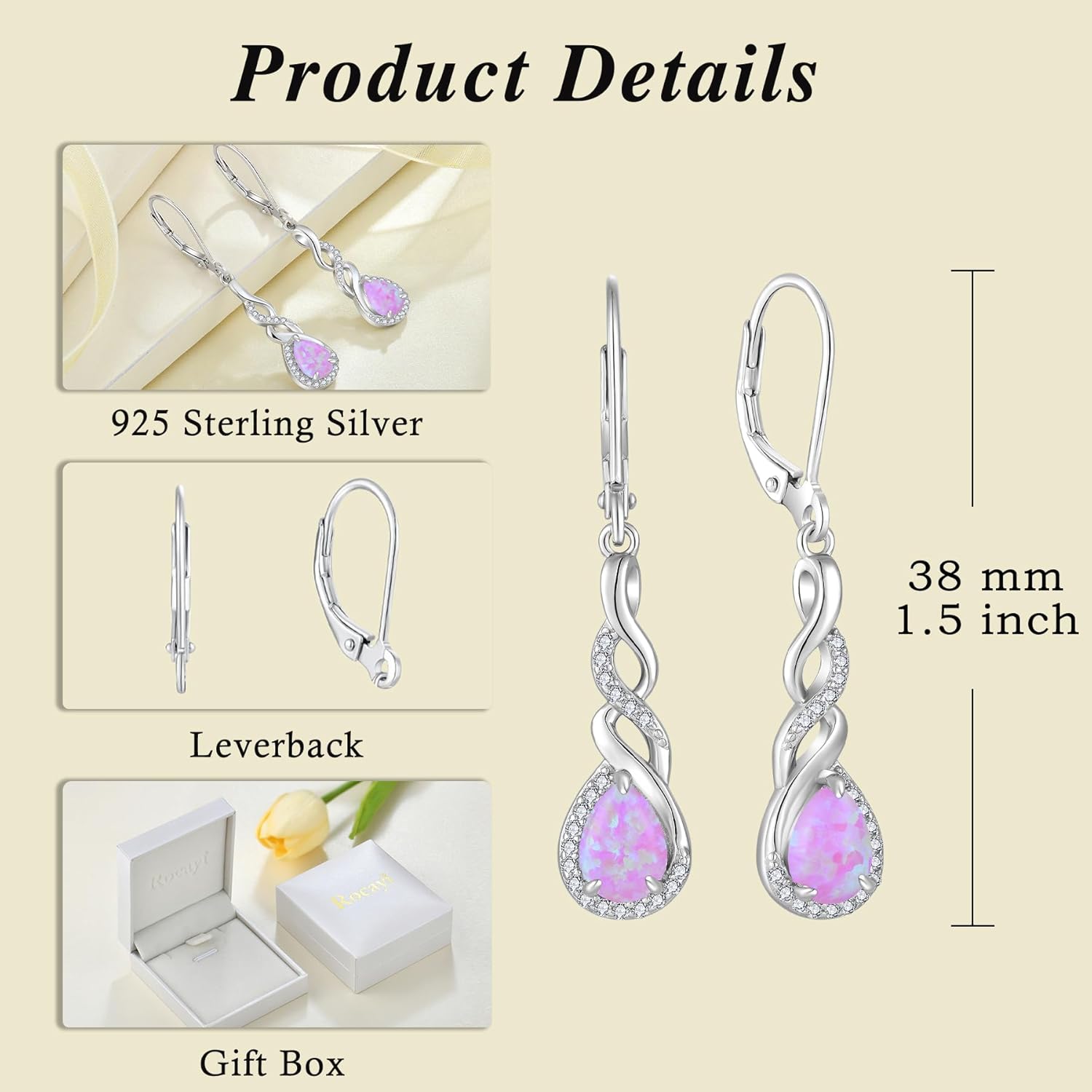 Opal Dangle Drop Earrings for Women 925 Sterling Silver Infinity Teardrop Leverback Earrings Gemstone Jewelry for Women Her White/Blue/Pink/Green - Image 6