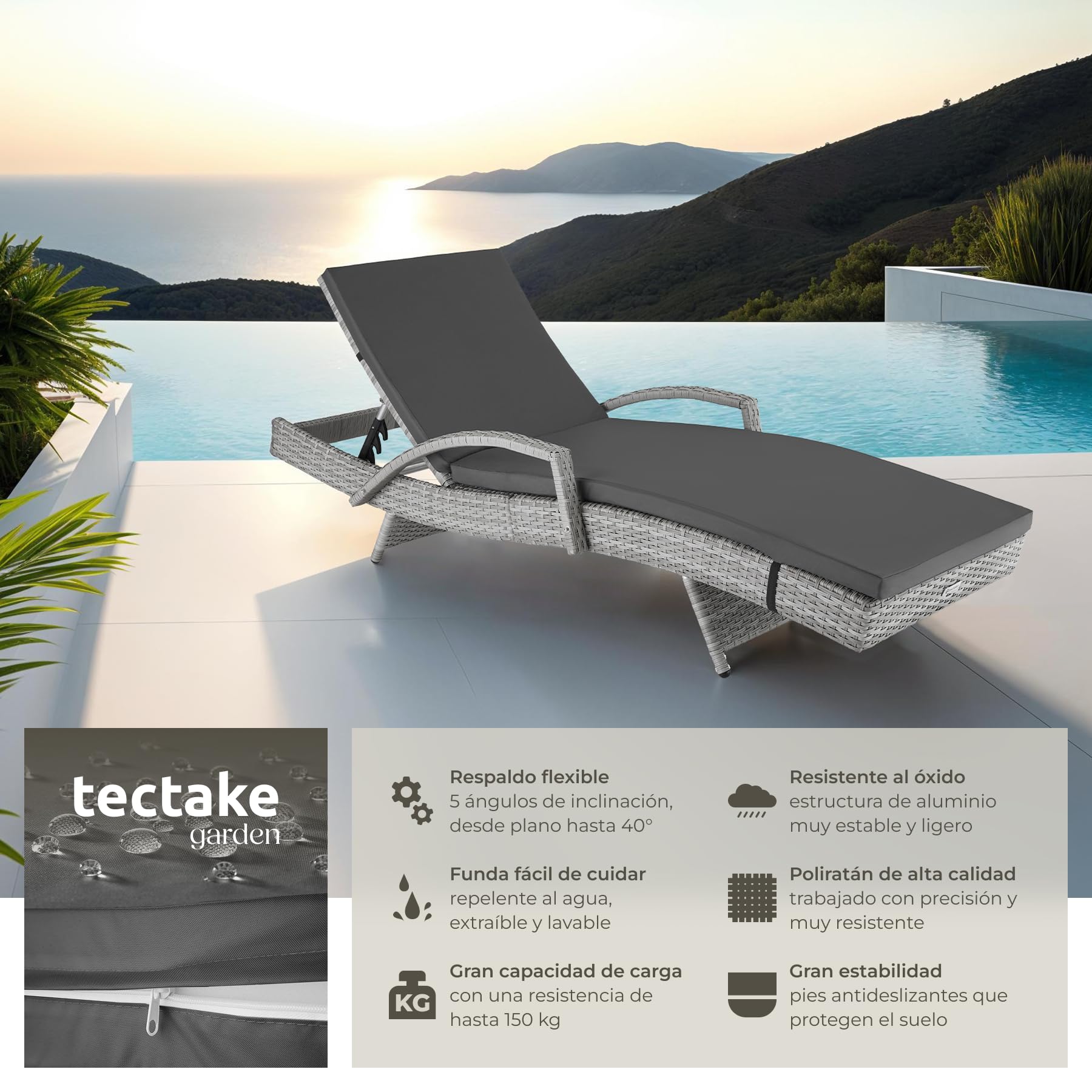 tectake® Tumbona Jardín Exterior de Ratán y Aluminio, Tumbona de Piscina con Respaldo Regulable en 5 Posiciones, Tumbona de Playa Impermeble y Resistente a Intemperie, Fácil Limpieza - Gris Claro