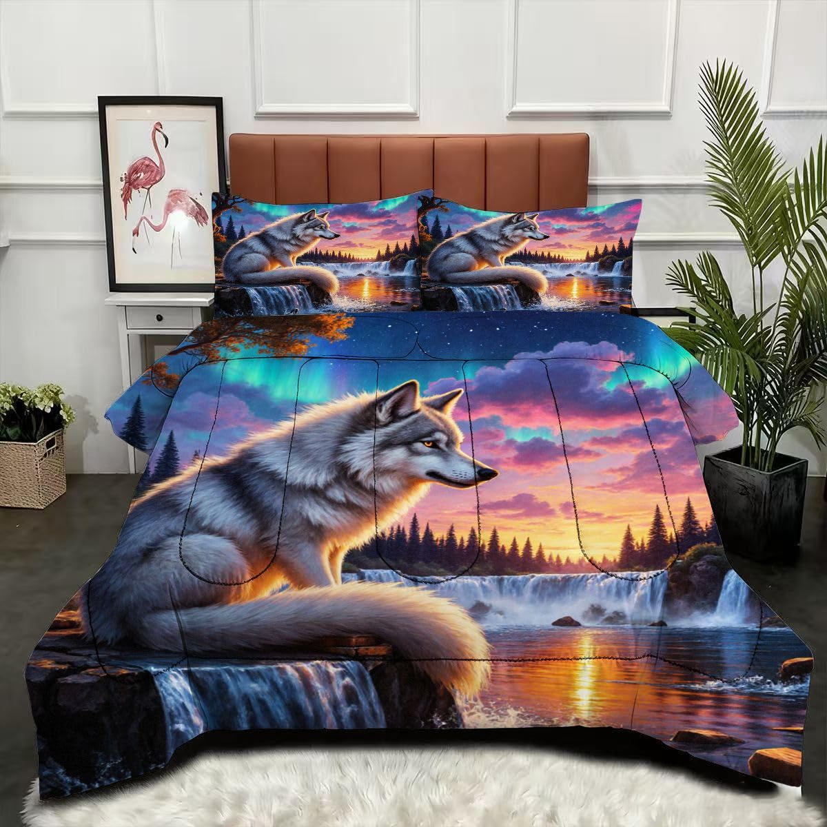 Couette 200 x 200 cm Loup 3D avec 2 taies d'oreiller en microfibre pour lit 2 personnes