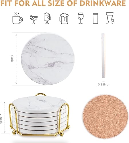 Miniatura 4 de Posavasos para bebidas, posavasos de mármol blanco y redondo absorbentes con soporte, juego de 6 posavasos para protección de mesa de café