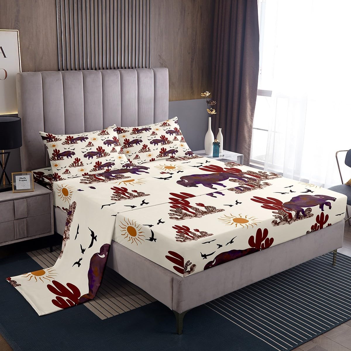 Feelyou Full Size Western Bedding Sets Buffalo Ranch North American Bisons Fitted Sheet Rustic Country Cabin Southwestern Animal Bed Sheets Kids Boys Brown Cream Farmhouse Sheets Set