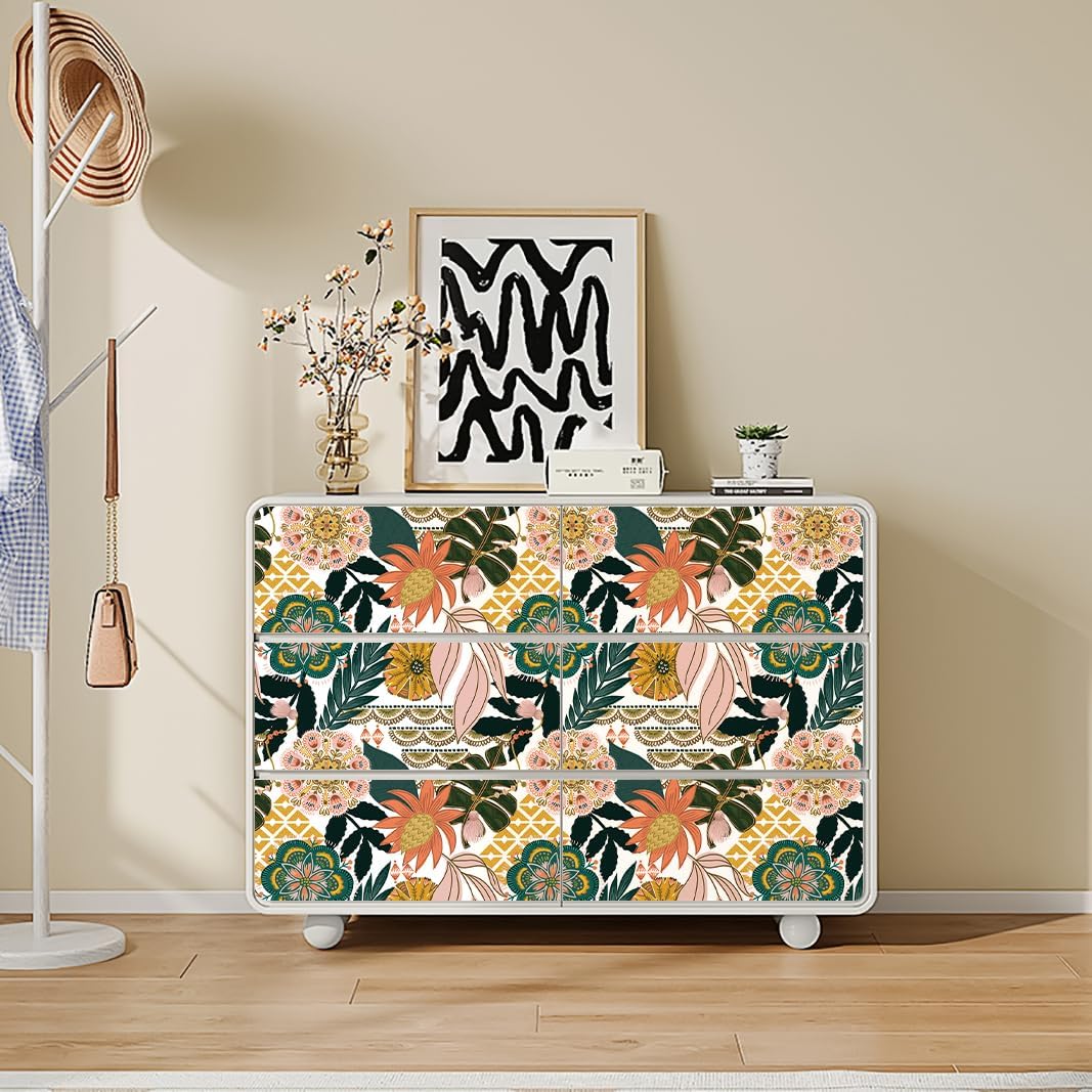 HAOKHOME Boho Peel and Stick Wallpaper Tropical Floral Removable Contact Paper Stick on Wallpaper White/Pink/Green for Accent Wall Living Room17.3in x 32.8ft