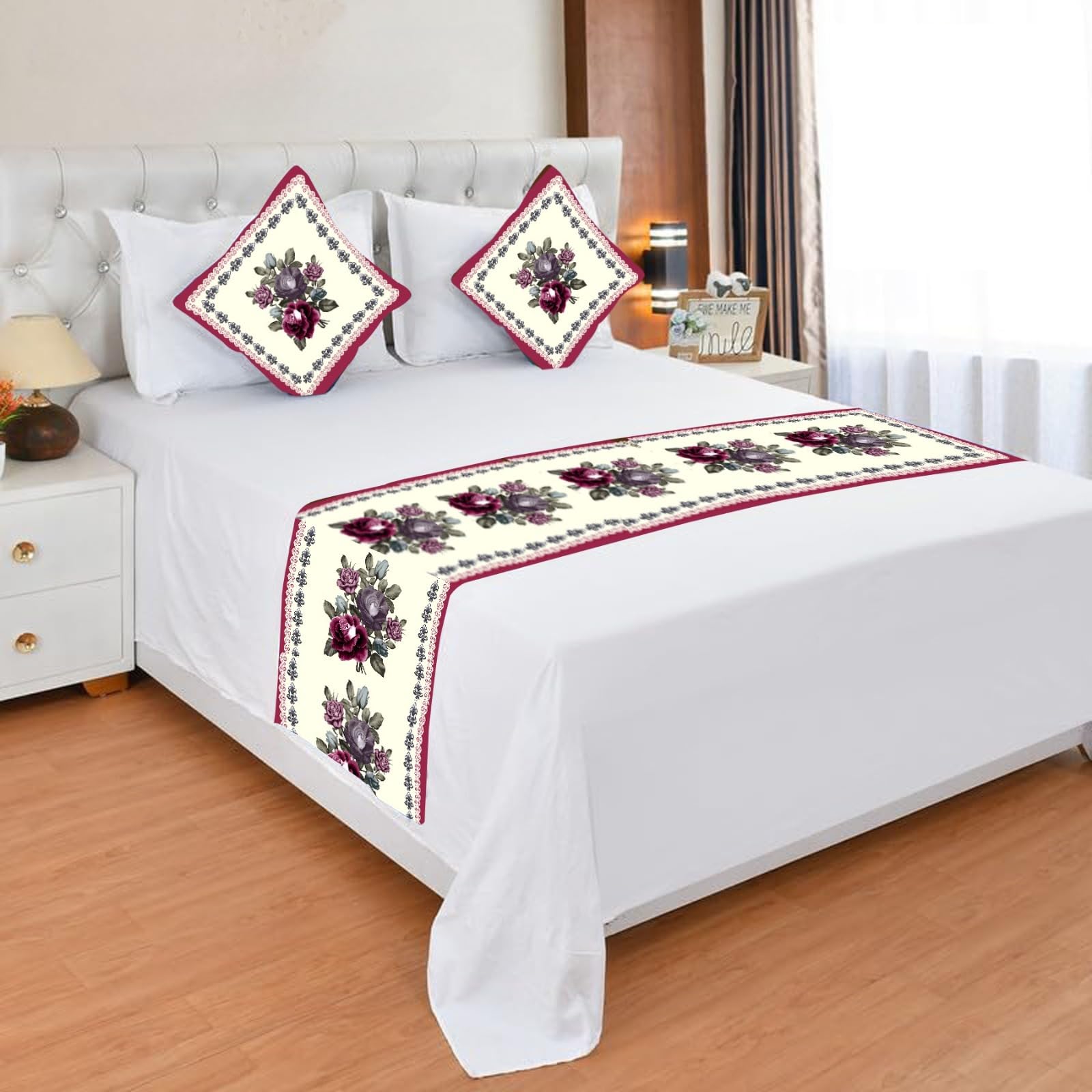 BLUEDOT Premium Velvet Quilted Set of Bed Runner (16 x 96 inches) and 2 Cushion Covers (16 x 16 inches) Combo Set- Green (Purple Rose)-picture-24