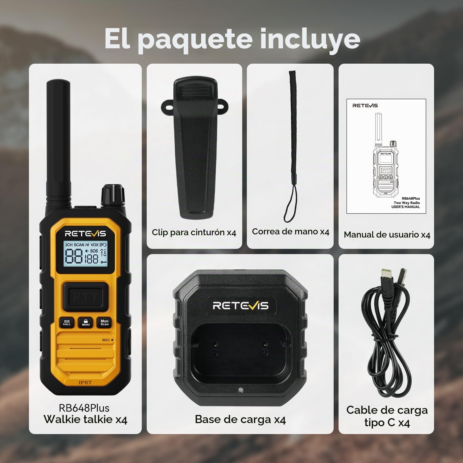 Retevis RB648Plus Radio Bidireccional, Walkie Talkies de Largo Alcance | Impermeable IP67 Walkie Talkie Profesional, 2000 mAh, Dual PTT, Alarma de Emergencia Entornos Hostiles (4 Piezas, Amarillo)