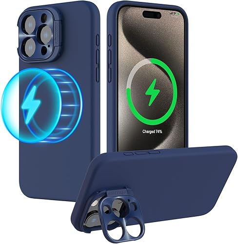 Nillkin Funda de silicona con soporte, compatible con carga inalámbrica MagSafe, silicona líquida de alta calidad, forro de microfibra suave, funda