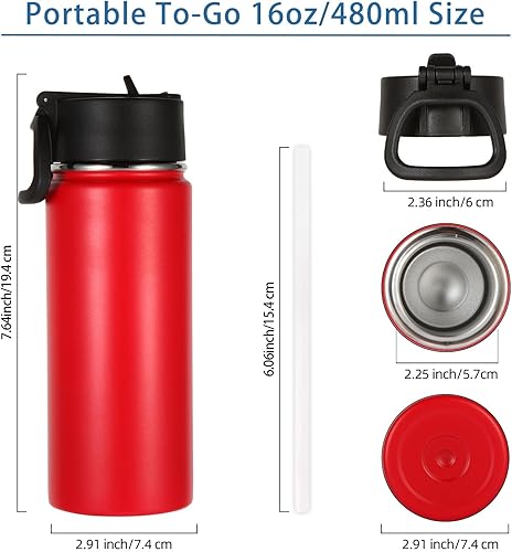 Miniatura 2 de Volhoply Botella de agua aislada para niños con popote, botellas de agua fría de acero inoxidable de 16 onzas para la escuela, vasos de boca ancha