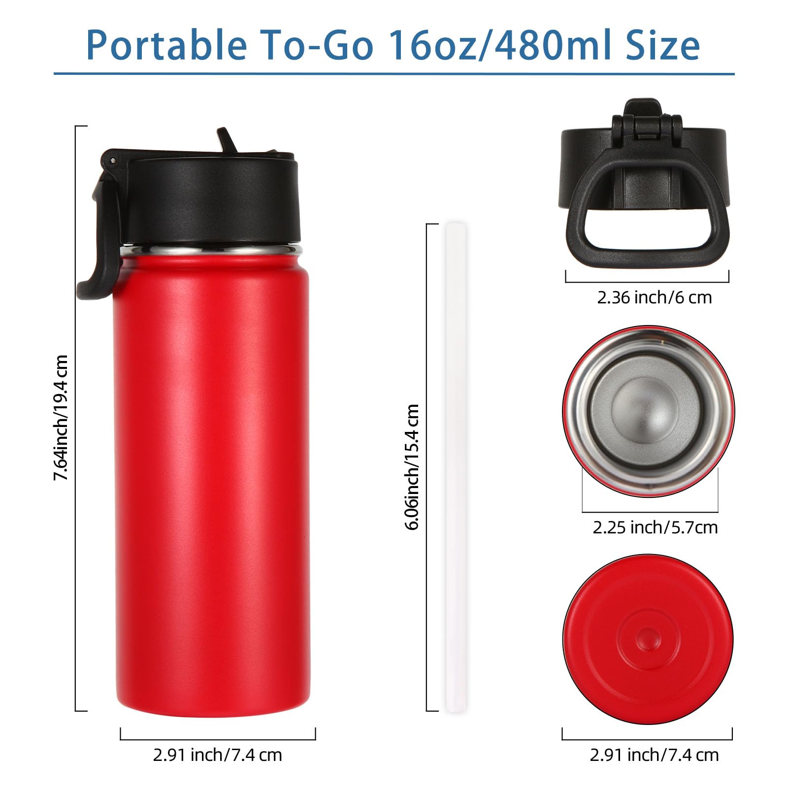 Volhoply 480ml Kids Water Bottle Bulk 2 Pack,Insulated Sports Bottles with Straw Lid,Stainless Steel Bottle with Handle Keep Cold & Hot,Double Wall Vacuum Flask for School,Girls(Red,Set of 2) - Image 2