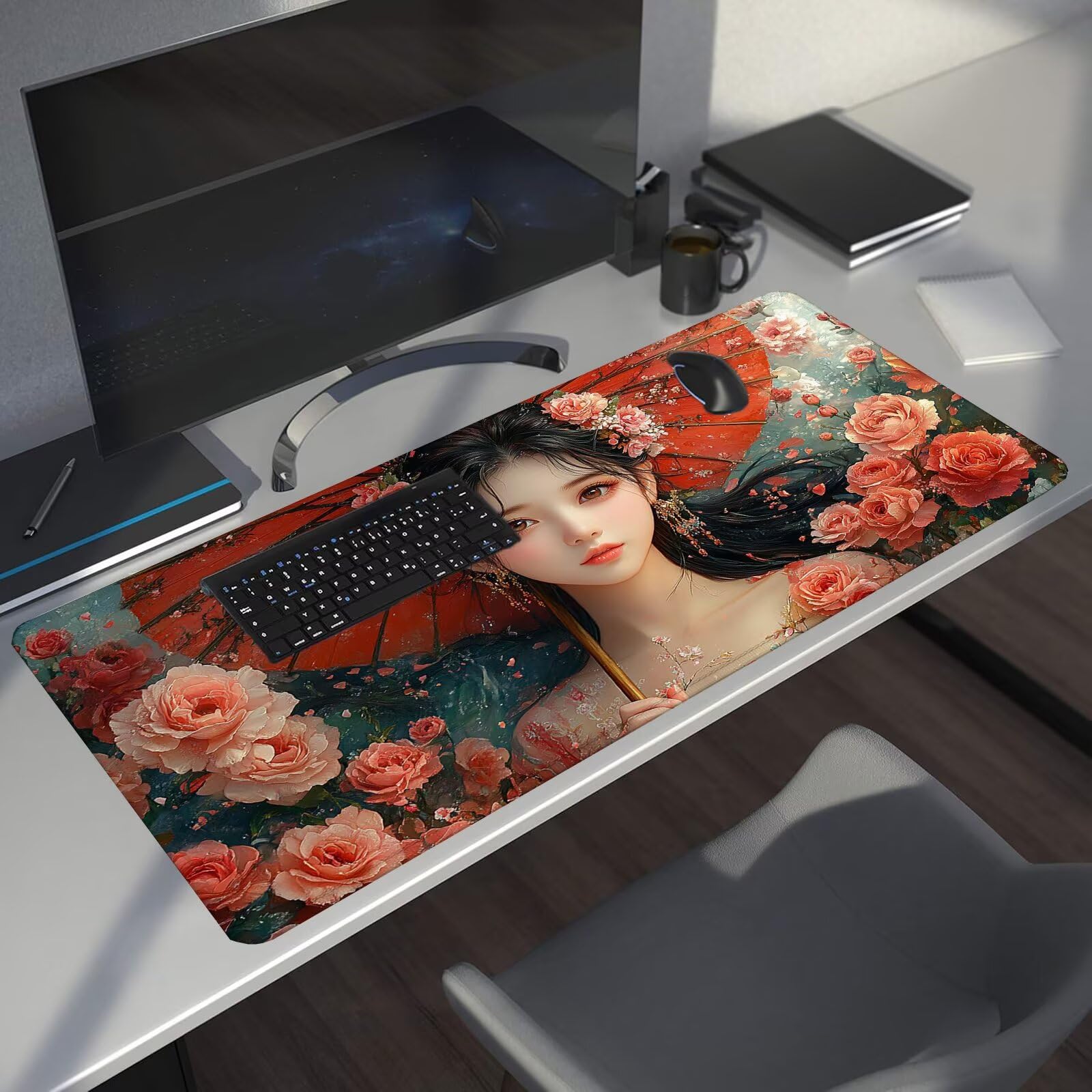 Wróżka podkładka pod mysz XXL damska podkładka pod mysz 1600 x 800 x 4 mm podkładka pod mysz do gier, duża wodoodporna antypoślizgowa podkładka na biurko, podkładka pod mysz szyte krawędzie dla