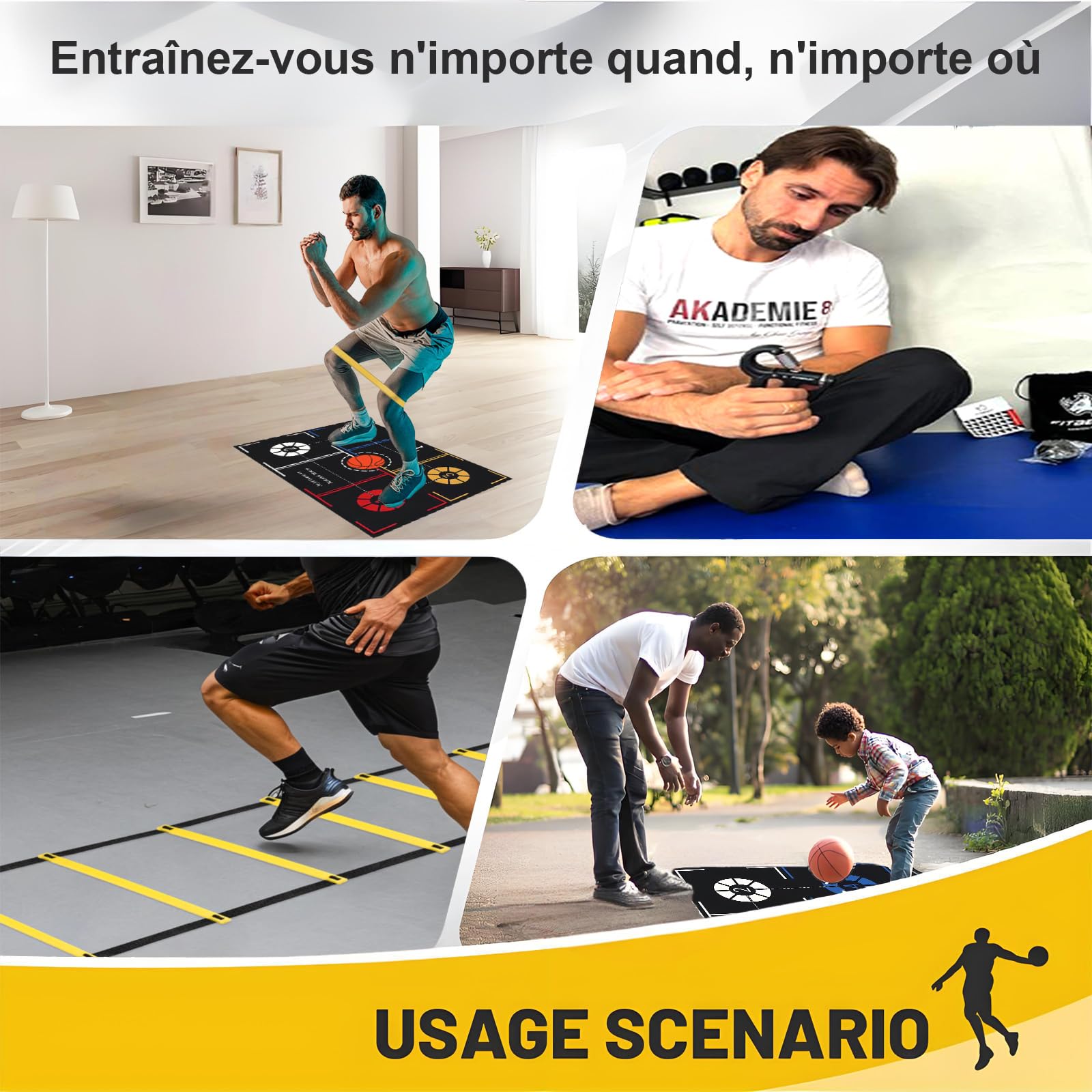 Kit Basket pour entraînement des appuis et déplacements | Accessoires basket d'entraînement: tapis de pieds, échelle d'agilité, outil de renforcement de prise et bandes de résistance