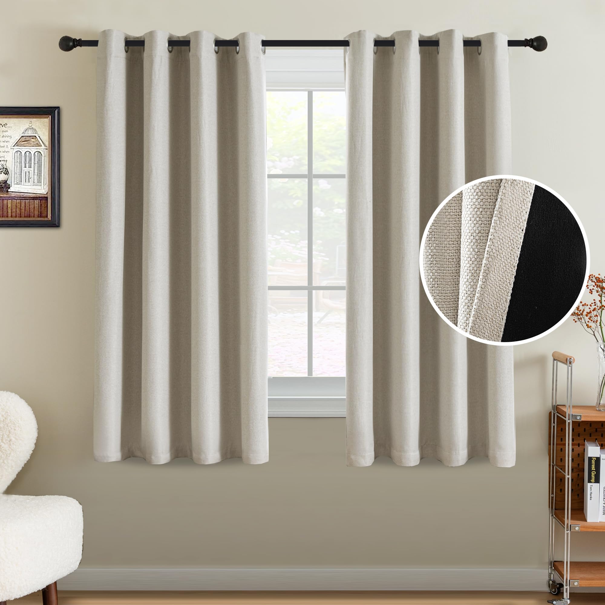 H.VERSAILTEX 90% Blackout Linen Curtains 63 Inches Long for Bedroom/Living Room Thermal Insulated Grommet Curtain Drapes Primitive Textured Burlap Effect Window Drapes 1 Panel - Heather Natural