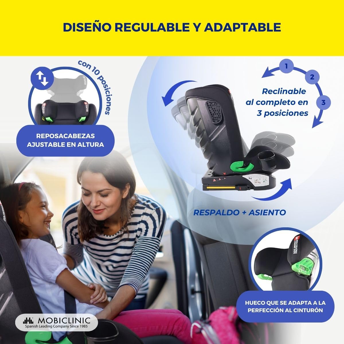 Mobiclinic® kids, Silla de coche, I-size, Isofix, Grupo 2/3, 36kg, 4-12 años, Evolutiva, 100-150cm, Protección lateral, Reposacabezas regulable, Reclinable 3 posiciones, Portabotellas