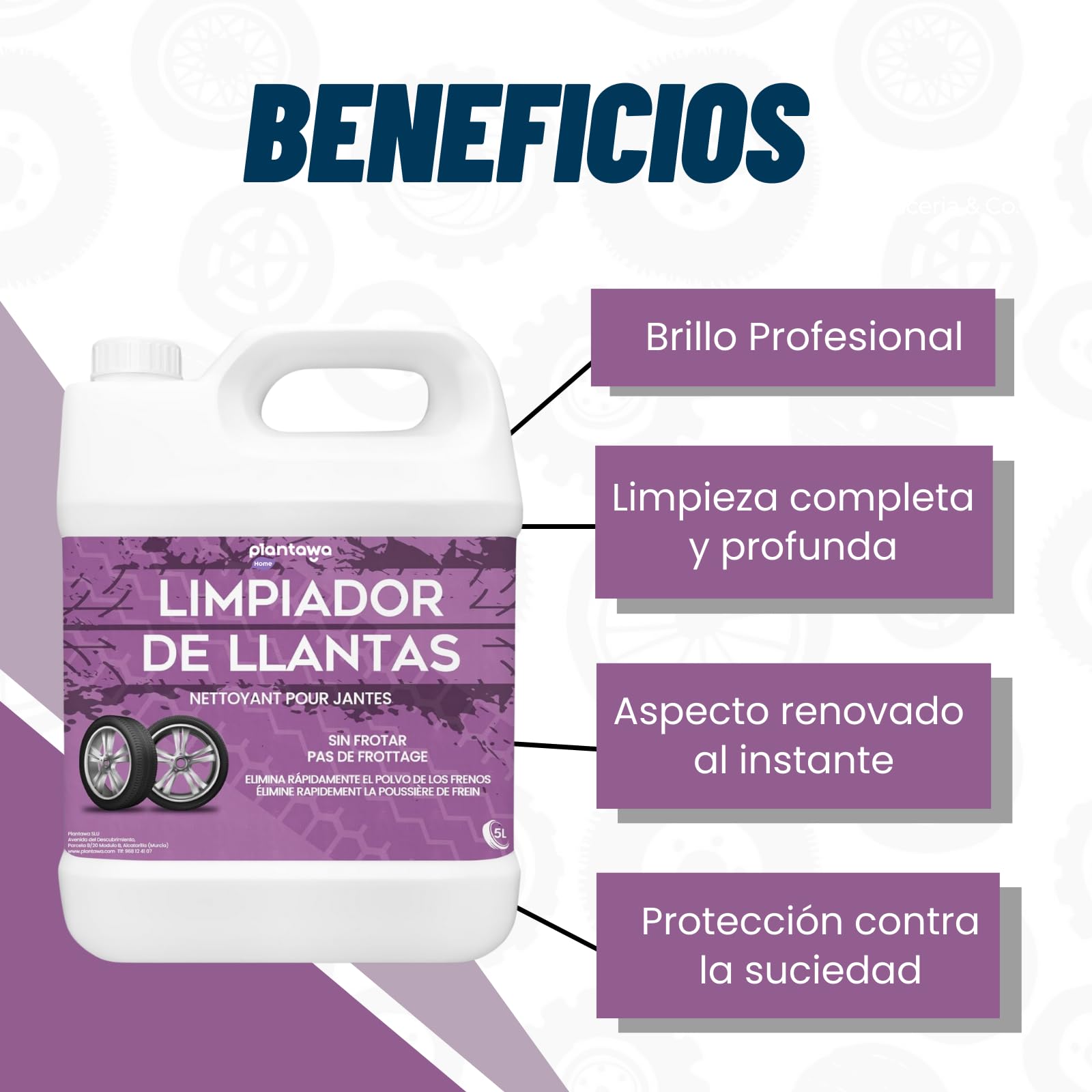 Plantawa Limpia Llantas Coche 5 Litros, Cuidado del automóvil, Profesional para Autos, Sin frotar, Limpieza y Descontaminante Suciedad para llantas, Productos Limpieza Coche y Moto.
