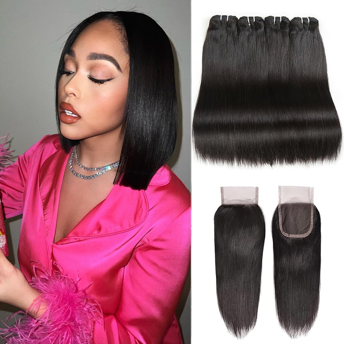 Liang Dian Straight Bundles With Closure Human Hair 12 12 12 12 +12 Inch Human Hair Bundles with Closure Straight 12 A Brazilian Virgin Hair 100%