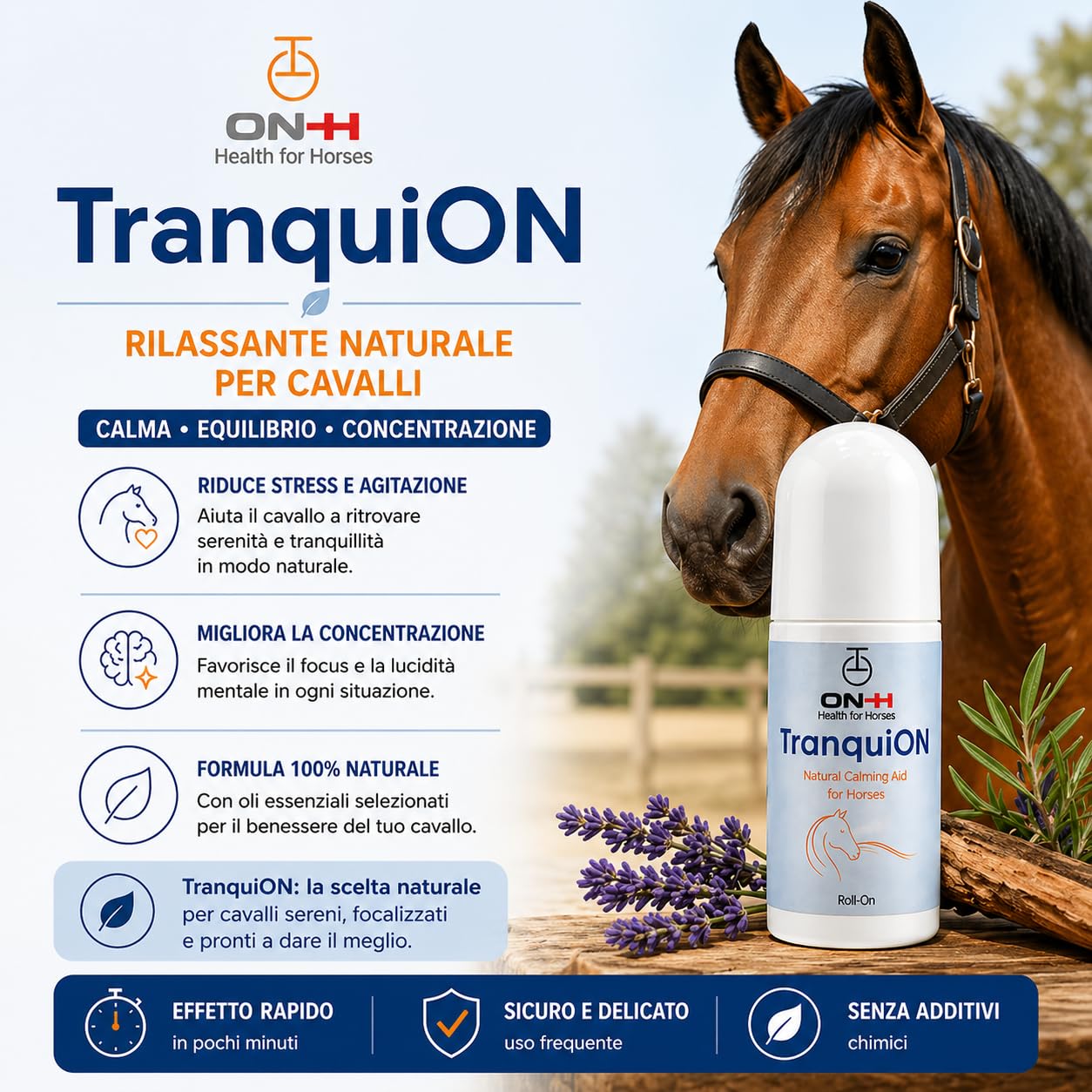 ON-H TranquiON Roll-On per Cavalli | Gel Rilassante Naturale Antistress | Applicazione Localizzata - Ideale Prima di Trasporto, Gara e Lavoro | azione Calmante senza Sedazione | Uso Quotidiano