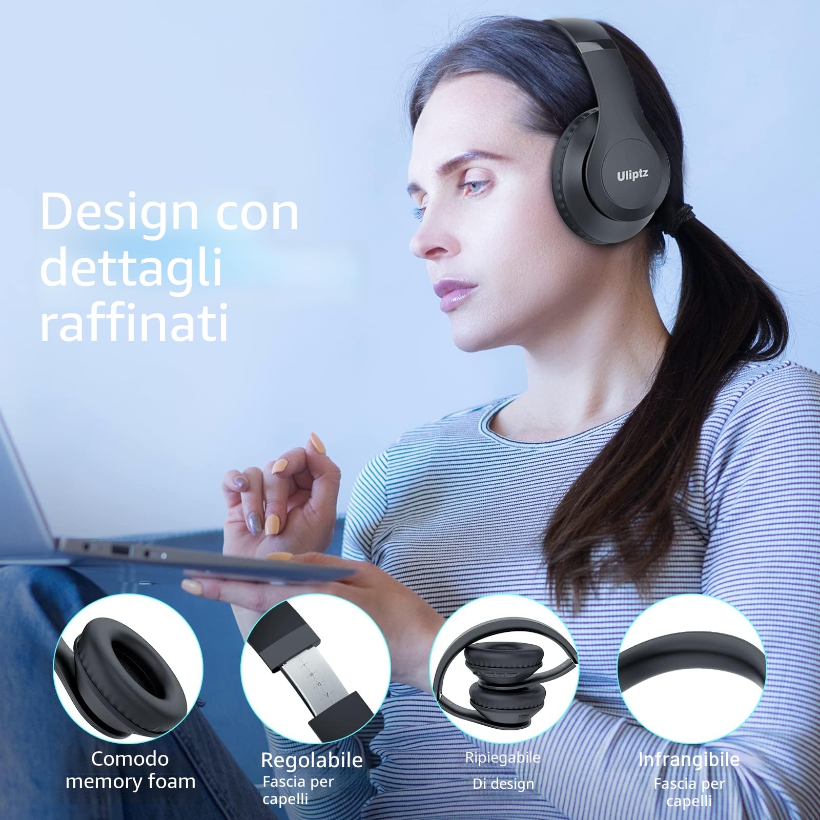 Uliptz Cuffie Wireless, 65 Ore Di Riproduzione, Over Ear, Senza Fili, Stereo HiFi con Microfono, Cuffie Bluetooth 5.3 per Viaggio/Ufficio/Telefono/PC (Nero)