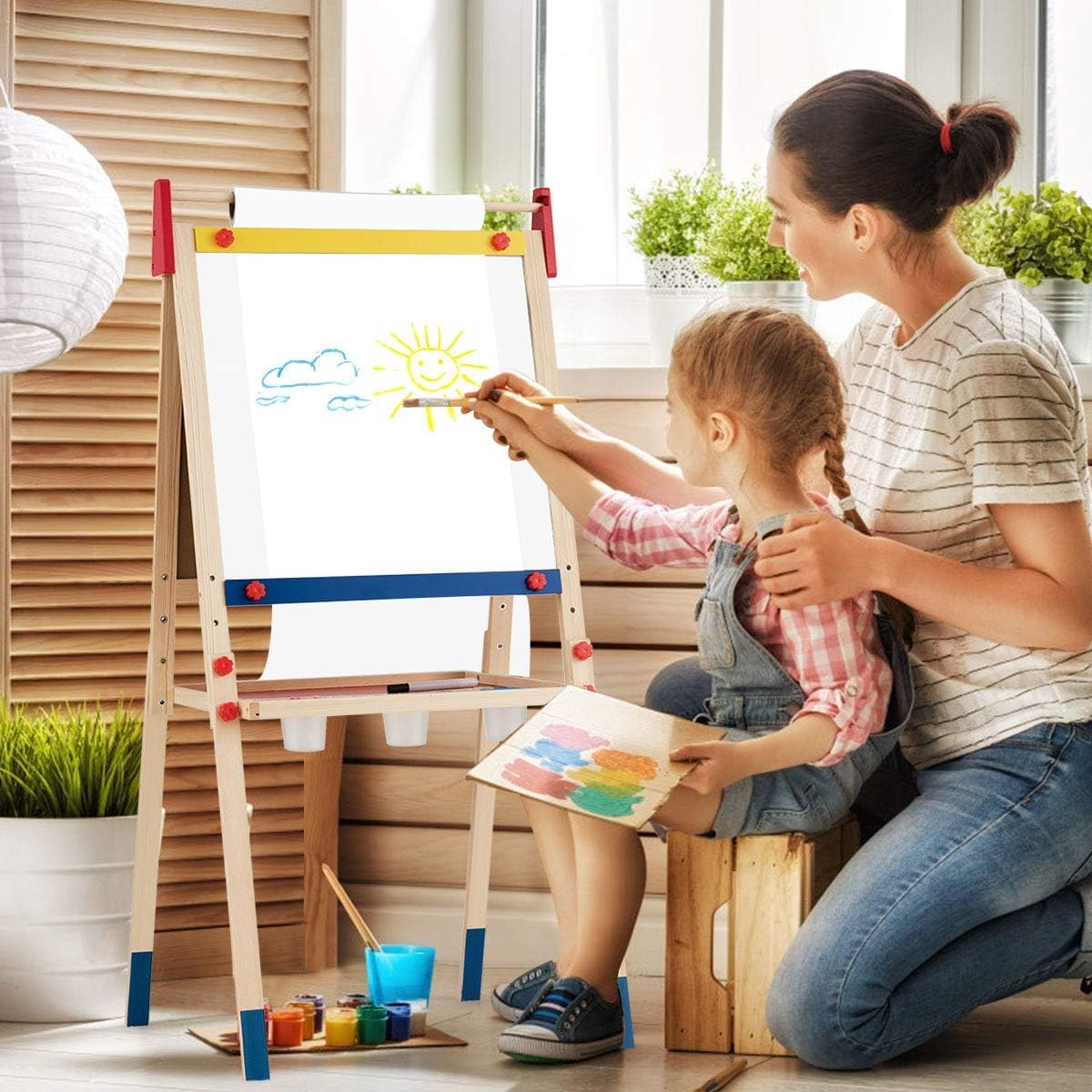 GYMAX Cavalletto per Bambini, Cavalletto con Altezza Regolabile,Lavagna a Doppia Faccia di Legno di Pino, con Rotolo Carta e Altri Accessori, 124,5x60,5x55 cm