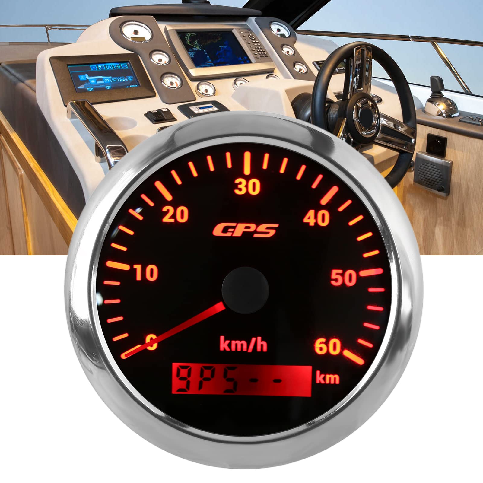85mm GPS Tacho 0-60 km/h LCD Display Odometer mit verstellbarer Beleuchtung für Auto Boote 9-32V DC (Schwarz)