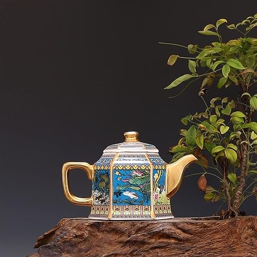 Miniatura 5 de Jingdezhen - Tetera de oro esmaltada antigua Qianlong con asa tetera hexagonal con patrón de flores y pájaros porcelana antigua color  tetera azul