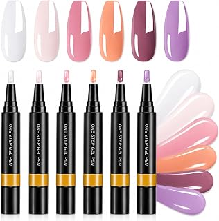 6 Gel Nail Polish Pens Set, 3-in-1 One Step UV Gel Nail Polish Pen in White Milk Pink Coral Mallow and Lavender, Precise Brush Tip, Quick Cure for UV/LED Lamp, Nail Polish Pen
