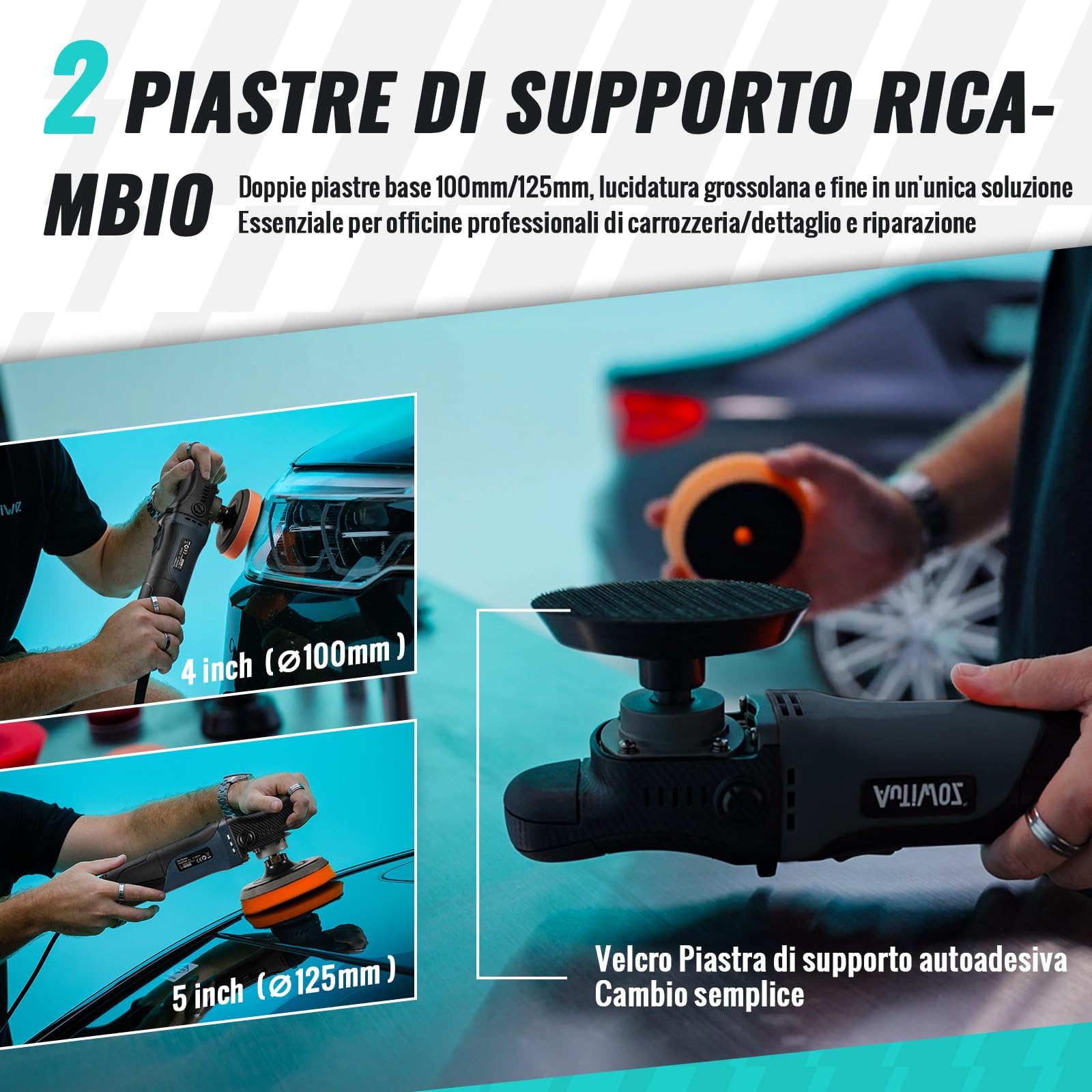 AUTIWOZ - Mini lucidatrice per auto, 630 W, con 6 velocità variabile 2500 – 4500 giri/min, impugnatura laterale, 100 mm/125 mm, spugna lucidante/disco di lana/carta vetrata, per lucidare auto