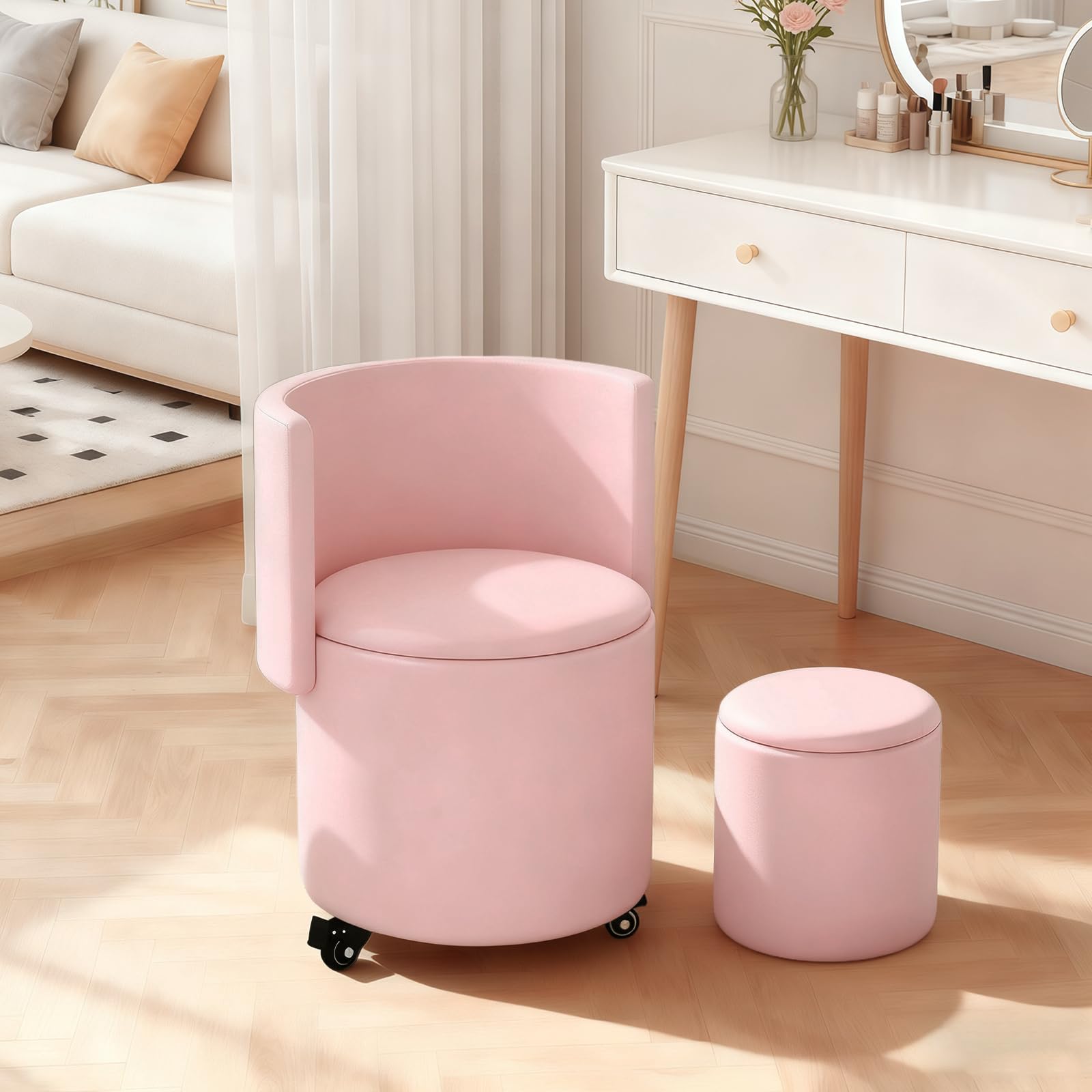 XUEGW Round Storage Ottoman, Stool with Storage Foldable Footstool for Makeup Room, Living Room, Bedroom