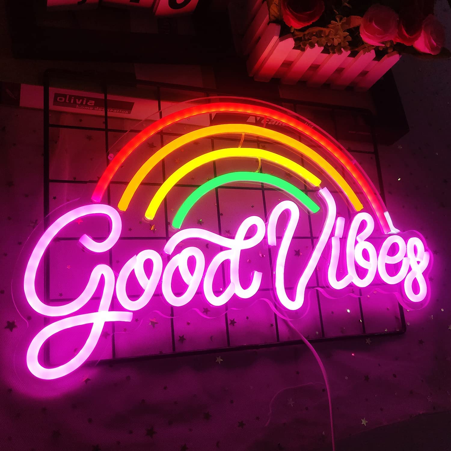 Amazon.co.jp: Good Vibesネオンサイン 調光可能な虹LEDネオンサイン