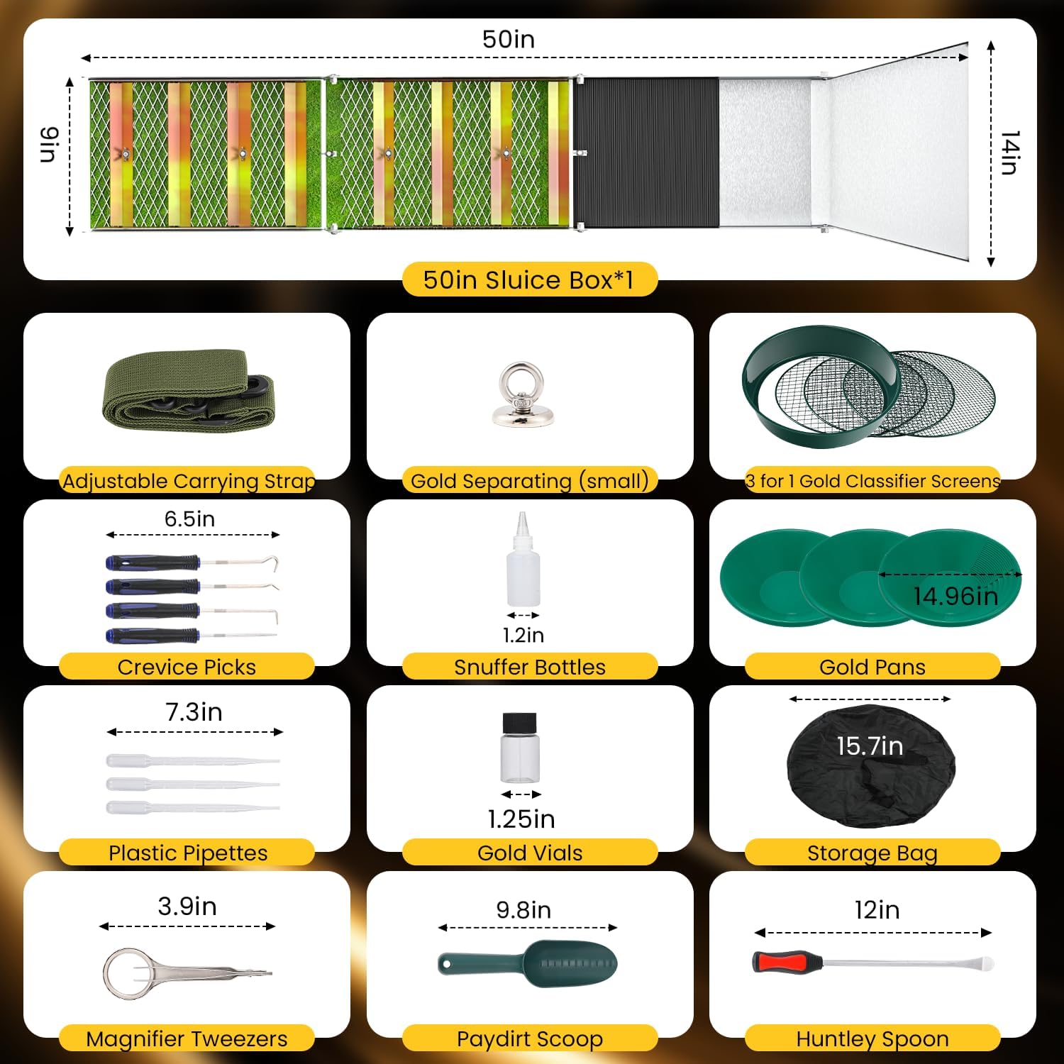 NEWTRY Gold Panning Kit with 50" Folding Sluice Box 27pcs Complete Gold Mining Kit, Gold Pan & Accessories Portable Aluminum Alloy Mining Equipment for Beginner Prospectors