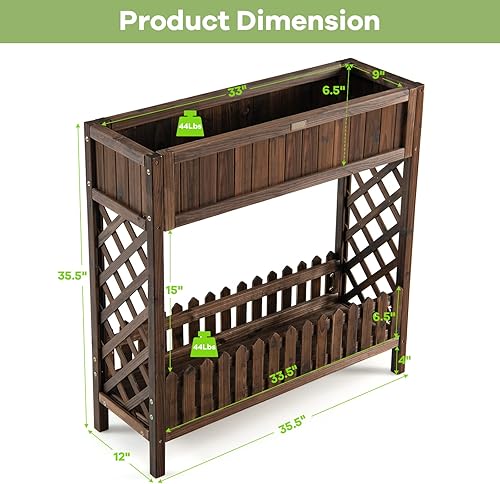 Miniatura 5 de S AFSTAR Cama de jardín elevada de 2 niveles, cama de flores para interiores y exteriores con valla de estante inferior, caja elevada de madera de