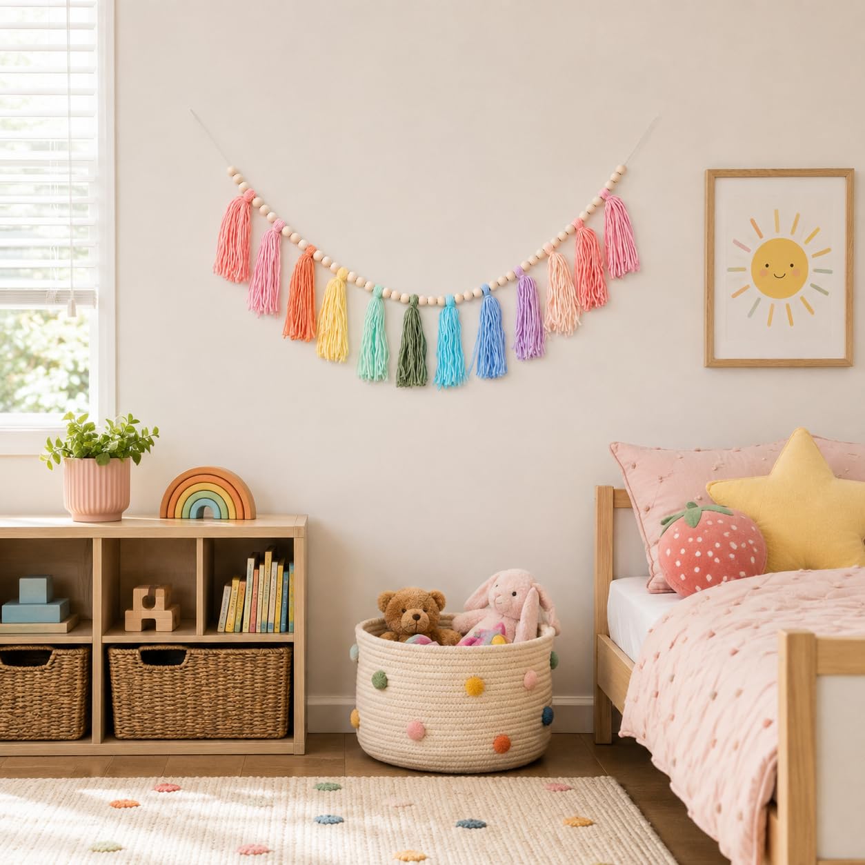 Bawełniana girlanda z frędzlami baner kolorowa dekoracja urodzinowa tło Boże Narodzenie boho wiszące dekoracje do sypialni, pokoju dziecięcego, pokoju zabaw, baby shower, dekoracja pokoju dziewczęcego, prezent urodzinowy (A)