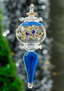 Pharaonic Vintage style Blue Glass ornament for Christmas tree decorations engraved with 14K Gold flowers | vintage ornaments | Xmas tree decorative ornaments | decorating gifts | hanging ornaments