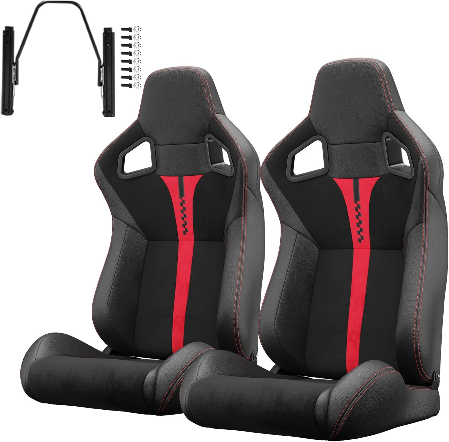 Universal Reclinable Pair Racing Seats Dual Sliders Red PU Leather White Stripe