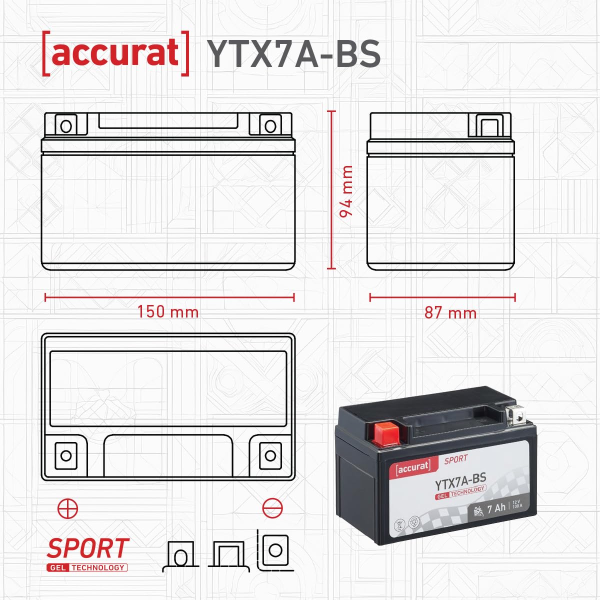 Accurat Motorradbatterie YTX7A-BS Gel 12V 7Ah Roller Batterie KGS12-7A-BS BTX7A-BS 6Ah