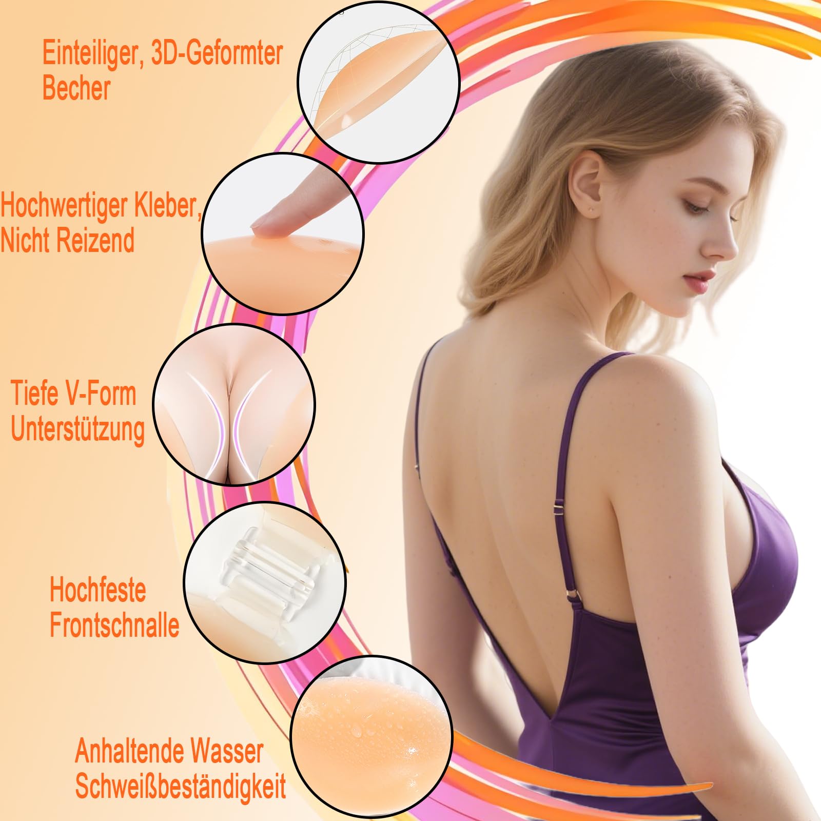 Klebe BH Push Up Trägerloser– Selbstklebender Rückenfreier BHS für Frauen mit Brustwarzenabdeckung Wiederverwendbarer Silikon-Stick BH on für A/B/C/D-Cup Klebe BHS
