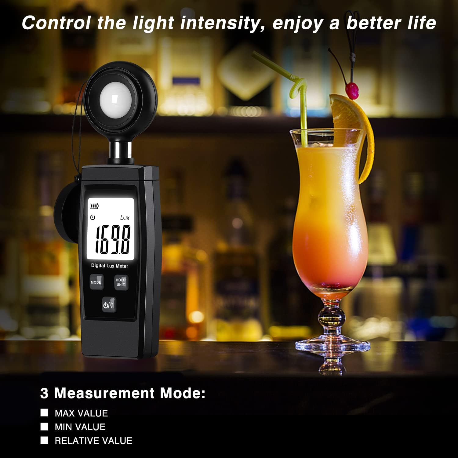 LEERCHUNAG Digital Lux Meter displaying 16.9 Lux, with text indicating 3 Measurement Modes: MAX Value, MIN Value, Relative Value.
