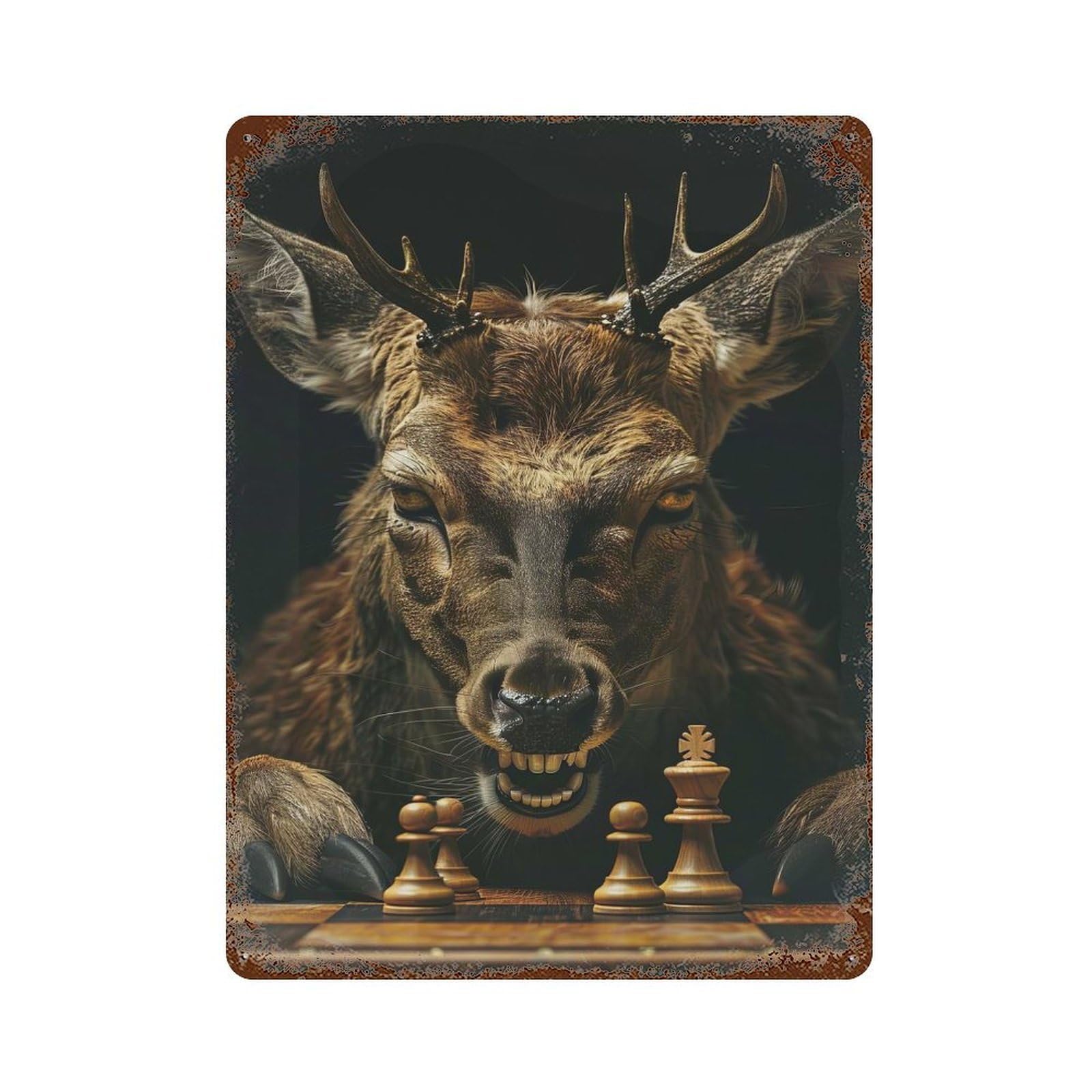 Deer Chess 15.7"x11.8" Rustic Tin Plaque, Farmhouse Wall Decor for Basement, Hobby Room And Garage Decor