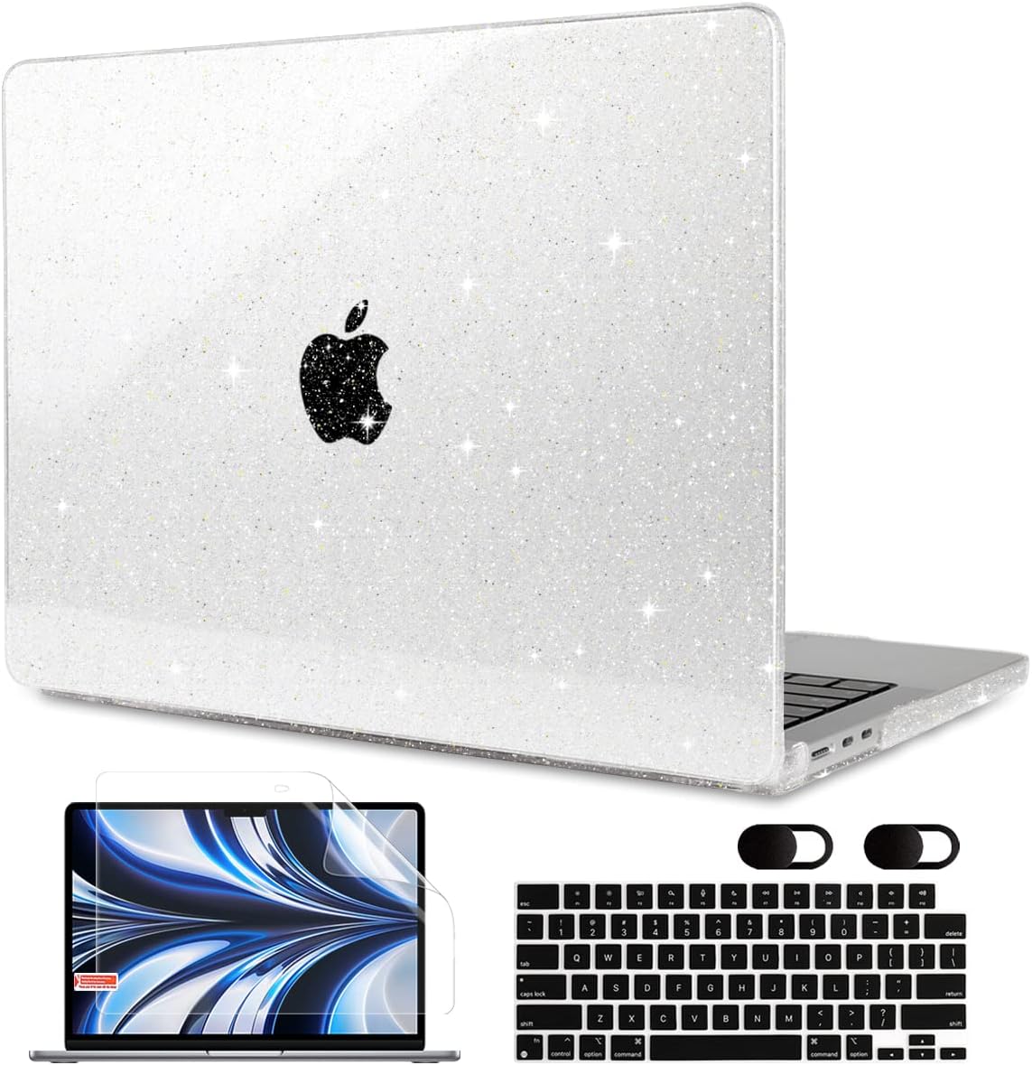 MEEgoodo Glitter Case for M3 MacBook Air 13.6 inch Case,Fit Model A3113 A2681 with M3 M2, Laptop Hard Shell Cases with Keyboard Cover & Camera Cover Compatible with 13.6" MacBook Air, Star Clear