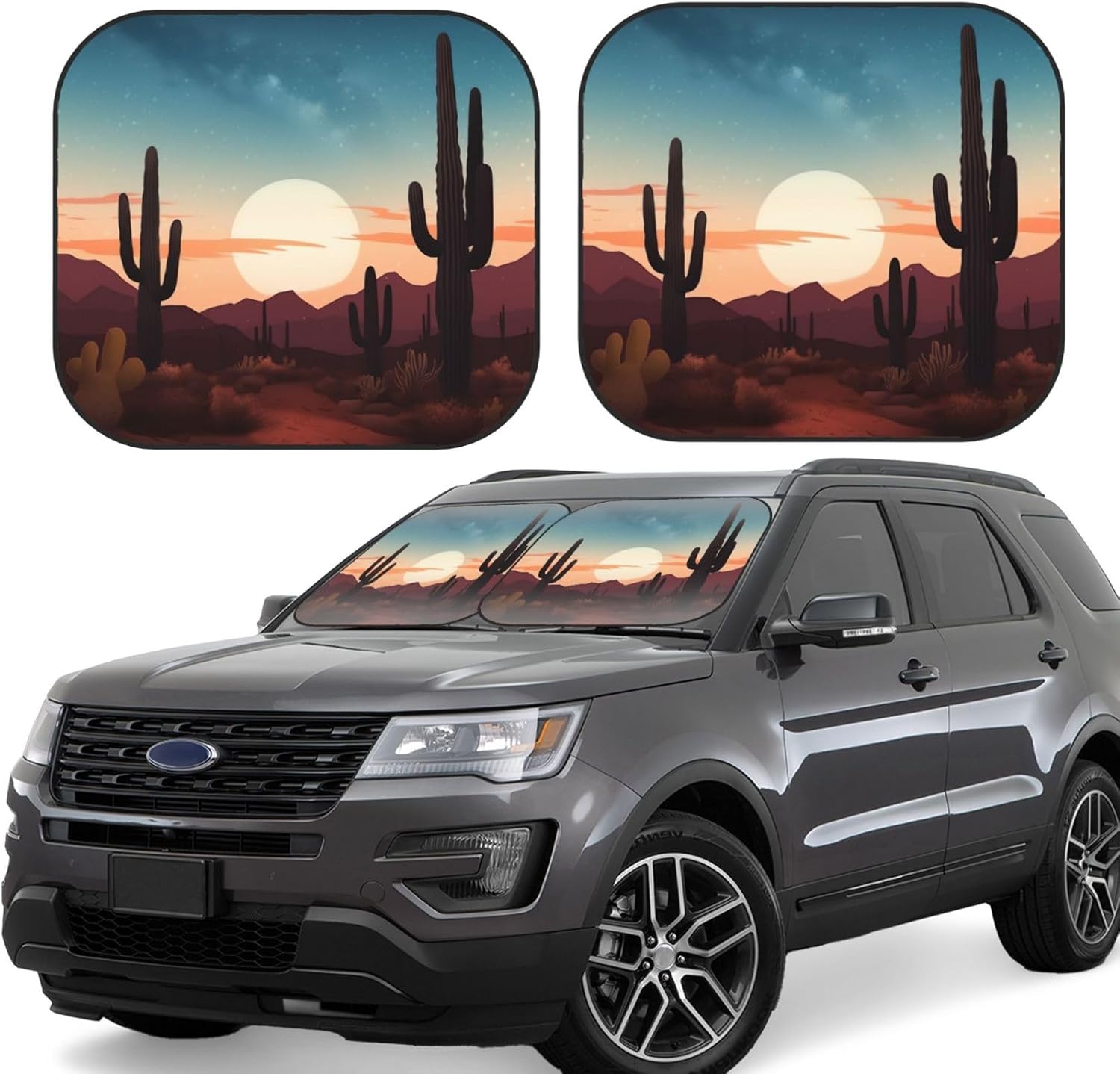 Desert with Cactus Print Windshield Sun Shade 2 Pieces Foldable Car Front Window Sunshades Portable Sunshade Blocks UV Rays Protector for Most Sedans SUV Trucks Universal Vehicle Accessories