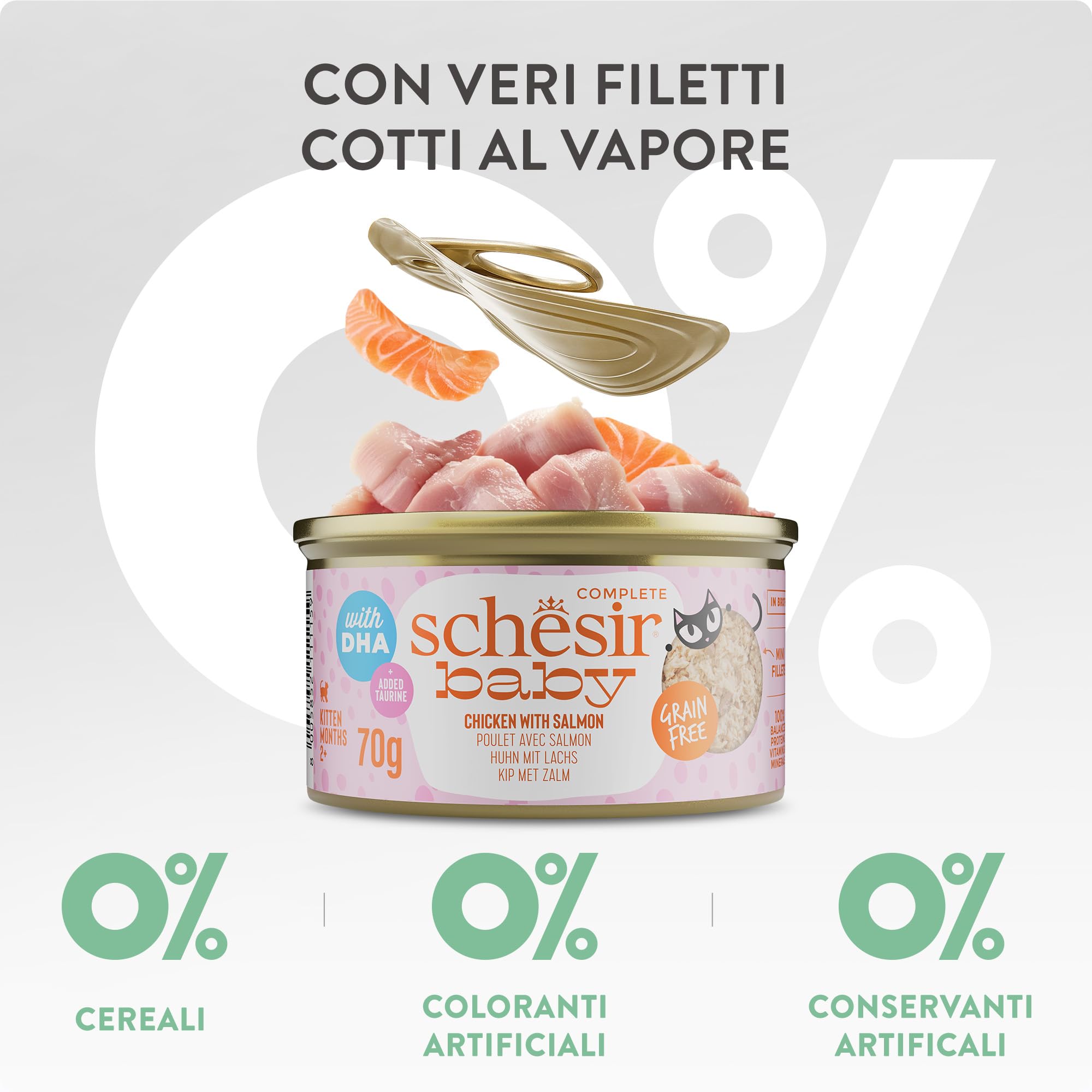 Schesir Baby, goût Poulet et Saumon, Nourriture Humide complète pour Chatons avec DHA et Taurine (12 boîtes de 70 g)