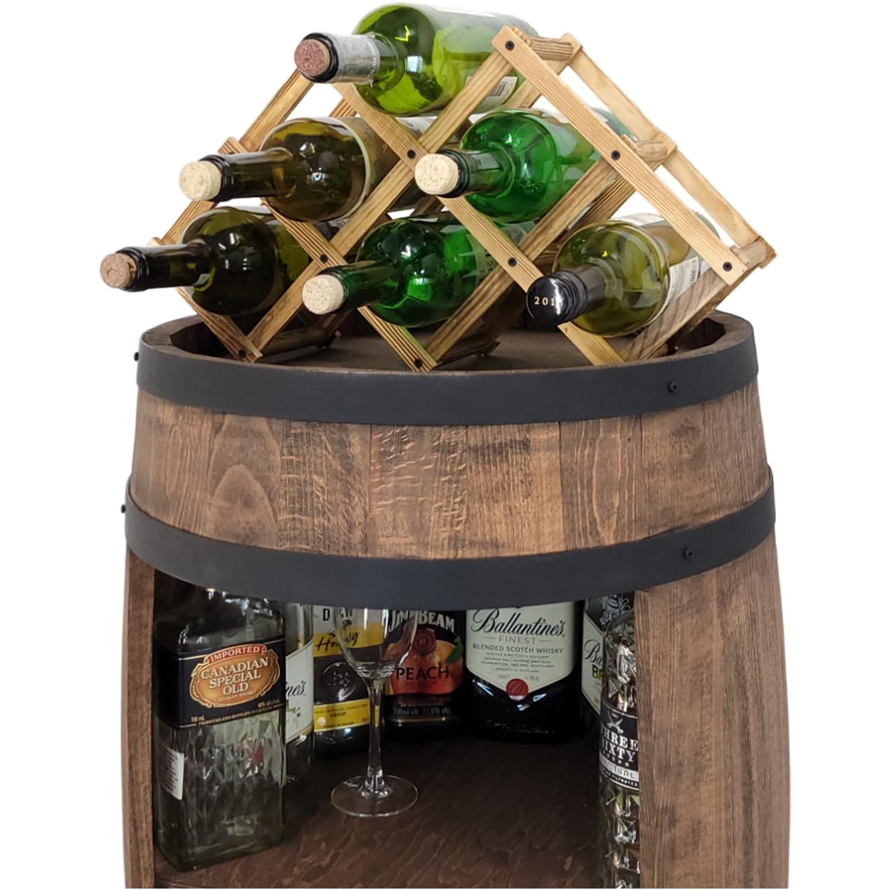 weeco Montabile con illuminazione a LED e portabottiglie per vino, Barile In Legno, decorazione rustica, armadietto da bar, portabottiglie, portabottiglie di vino, Mobilie a forma di botte 80cm wengé