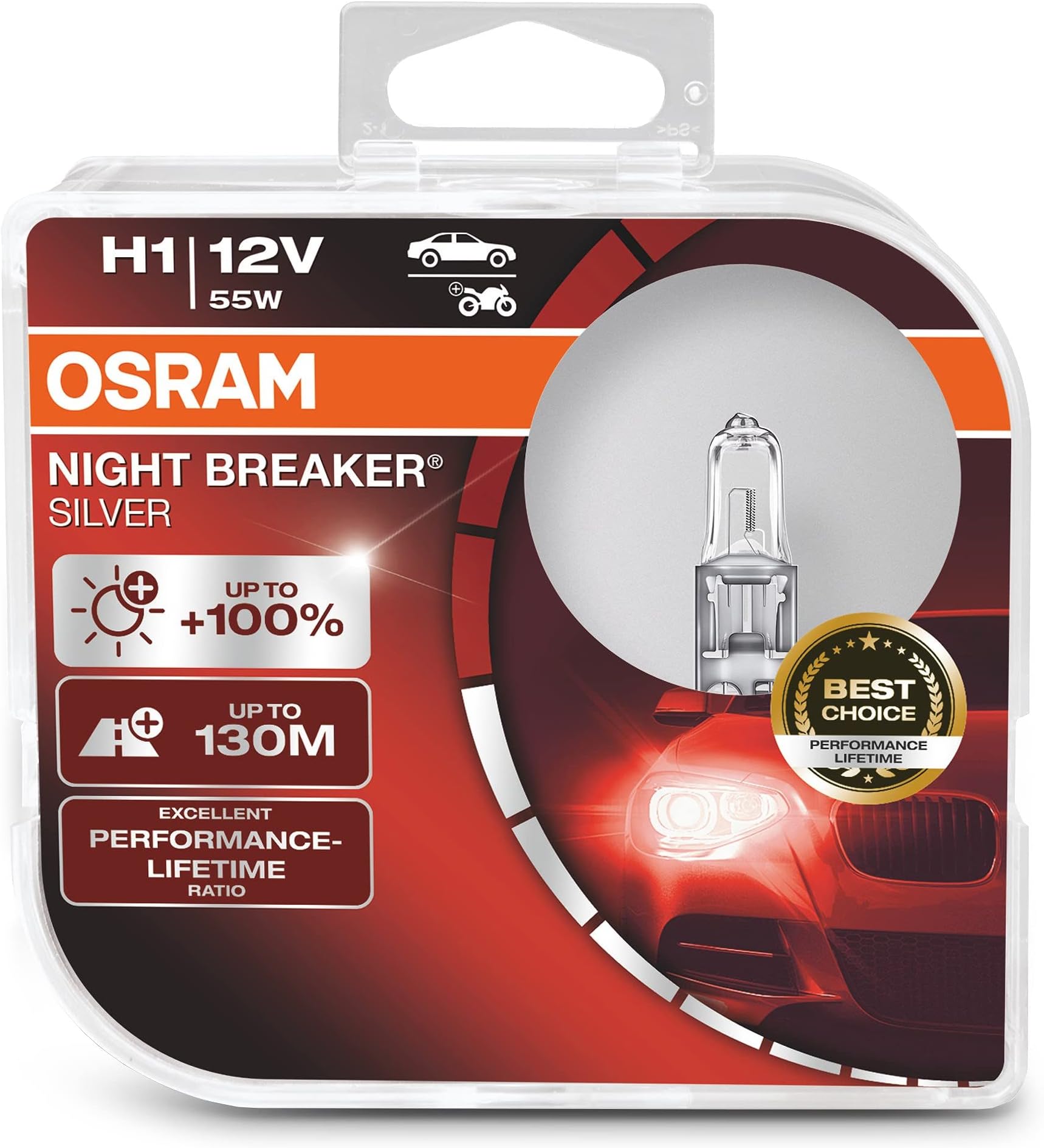 NIGHT BREAKER SILVER H1, +100% more brightness, halogen headlamp, 64150NBS-HCB, 12V, passenger car, duo box (2 lamps)