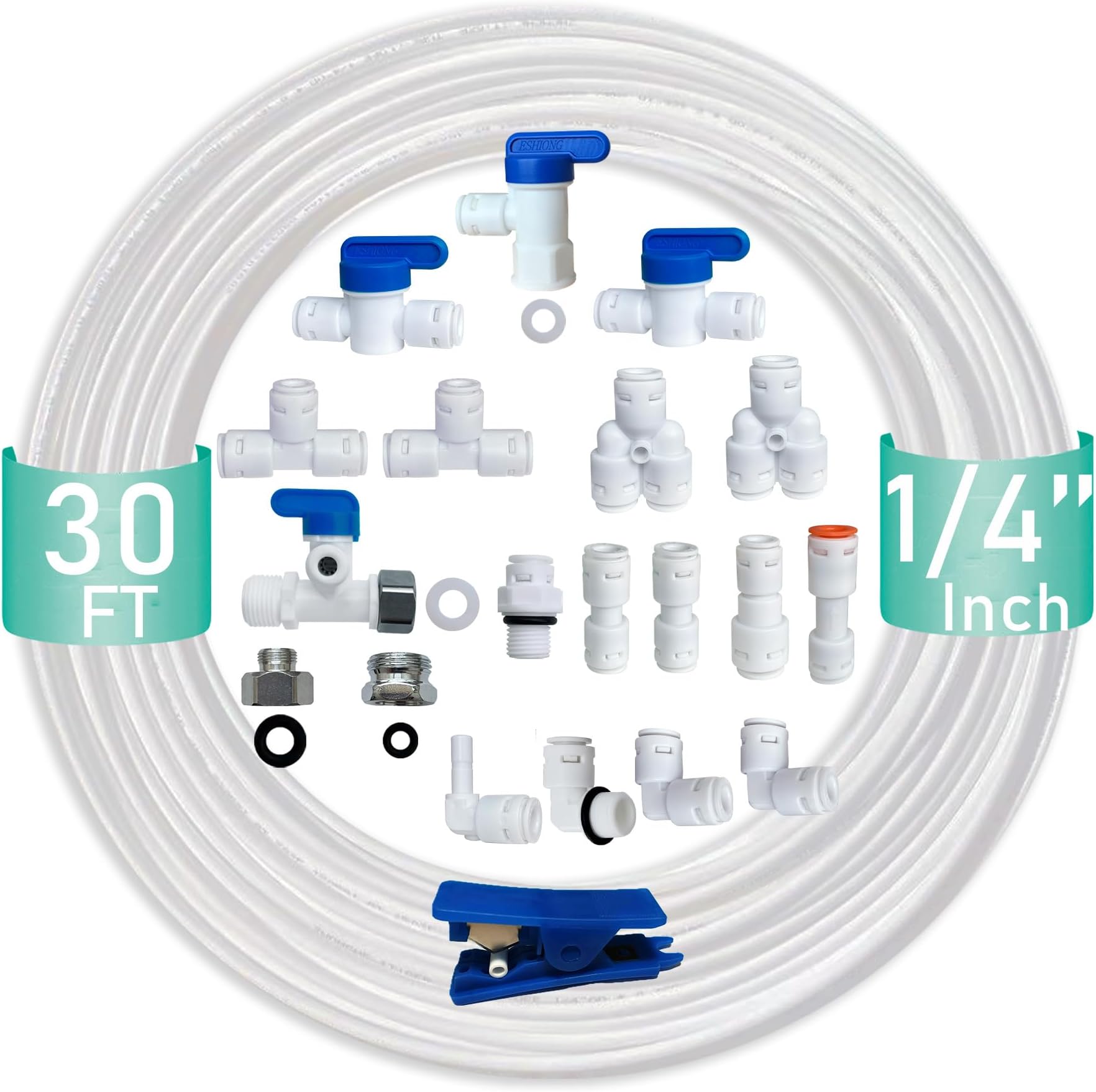 ESHIONG NSF Certified 1/4" O.D. Push to Connect Fittings for RO (Reverse Osmosis) Water Filter（with Shut-Off T Valve）18 pcs+30 feet 1/4" Water tubing.
