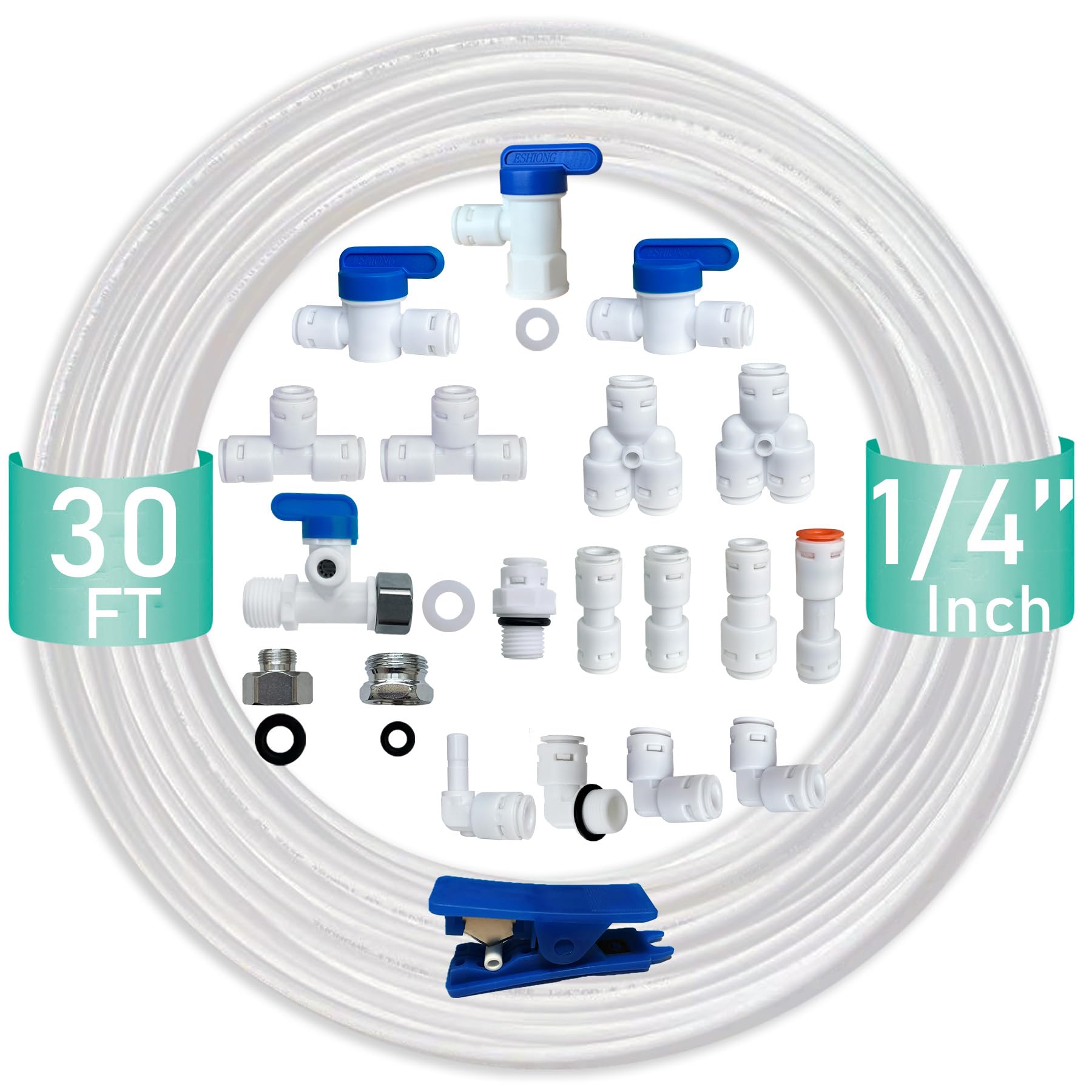 NSF Certified 1/4" O.D. Push to Connect Fittings for RO (Reverse Osmosis) Water Filter（with Shut-Off T Valve）18 pcs+30 feet 1/4" Water tubing.