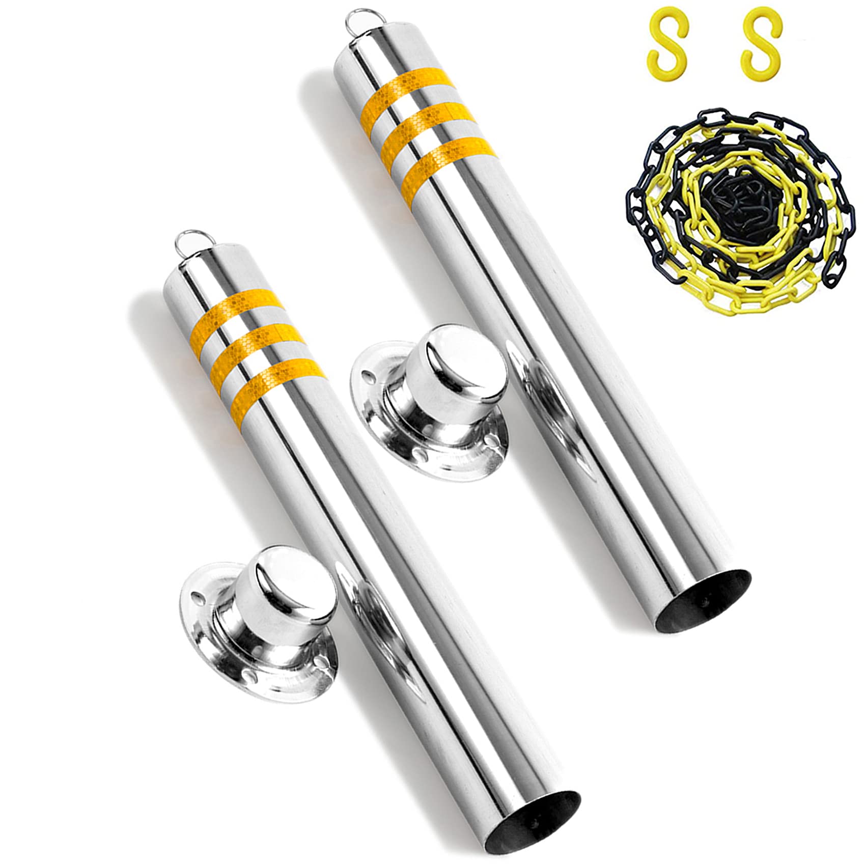 GTHTUHFD Pack Of 2 Bollard Post With Plastic Chain And Lock, Reflective Parking Ber, Stainless Steel Parking Bollards Concrete In,Silver-650×76mm/25.5×3in