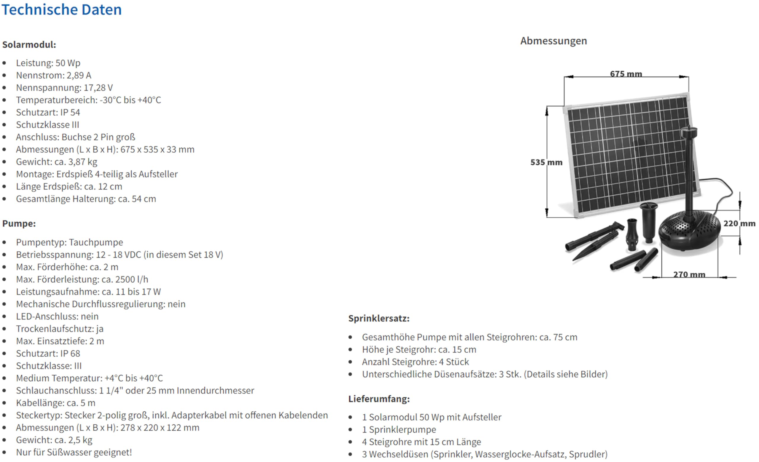 esotec Solar Teichpumpe 2500 l/h mit 50W Solarmodul – Solarbrunnen für Gartenteich & Wasserspiel – Komplettset Solarpumpe mit 3 Düsen, Direktbetrieb 101917