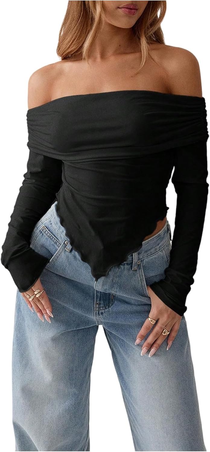 Women's Off Shoulder Tops Long Sleeve Asymmetrical Ruched T Shirt Going Out Top