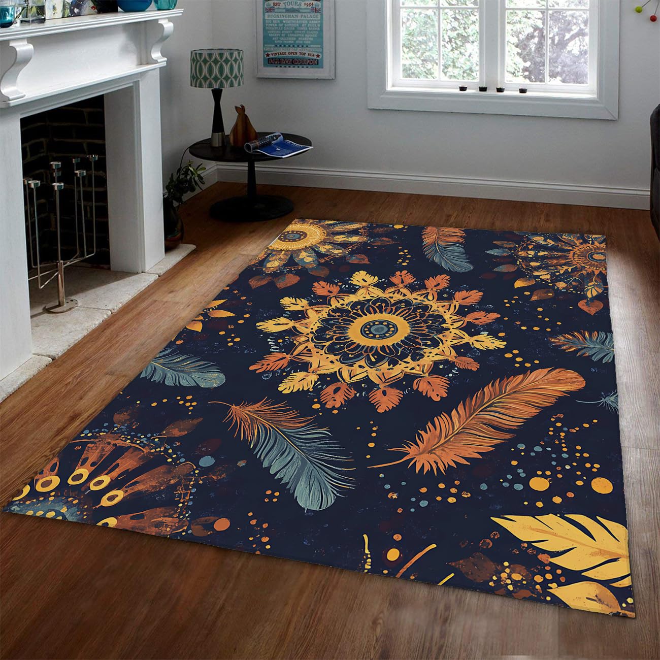 Tapis ethnique bleu marine pour salon bohème et couloir chaleureux