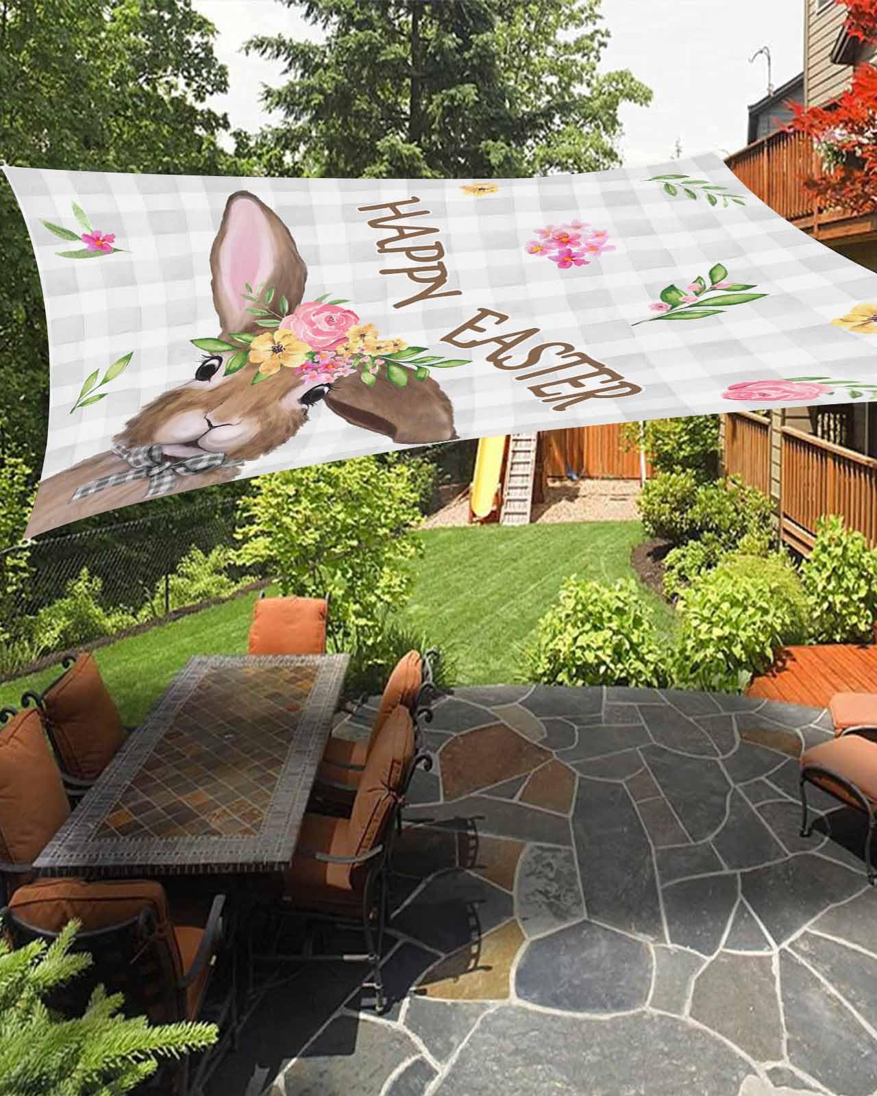 Boanket Sun Shade Sail 6.5' x 10', Grey Plaid Bunny Easter UV Block Sun Sails Shades for Outdoor Decor, Spring Floral Botanical Shade Cloth for Patio Deck Terrace Garden Lawns Beach Backyard
