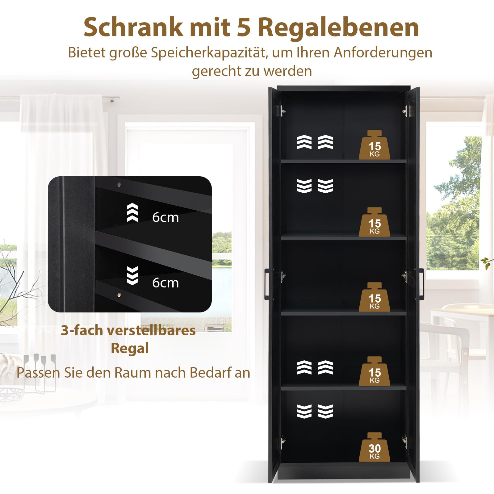 COSTWAY 5 stöckiger Küchenschrank 178cm, Hochschrank Küche mit 2 Türen & verstellbaren Regalen, Vorratsschrank freistehend, Aufbewahrungsschrank für Küche, Schlafzimmer, Badezimmer (Schwarz)